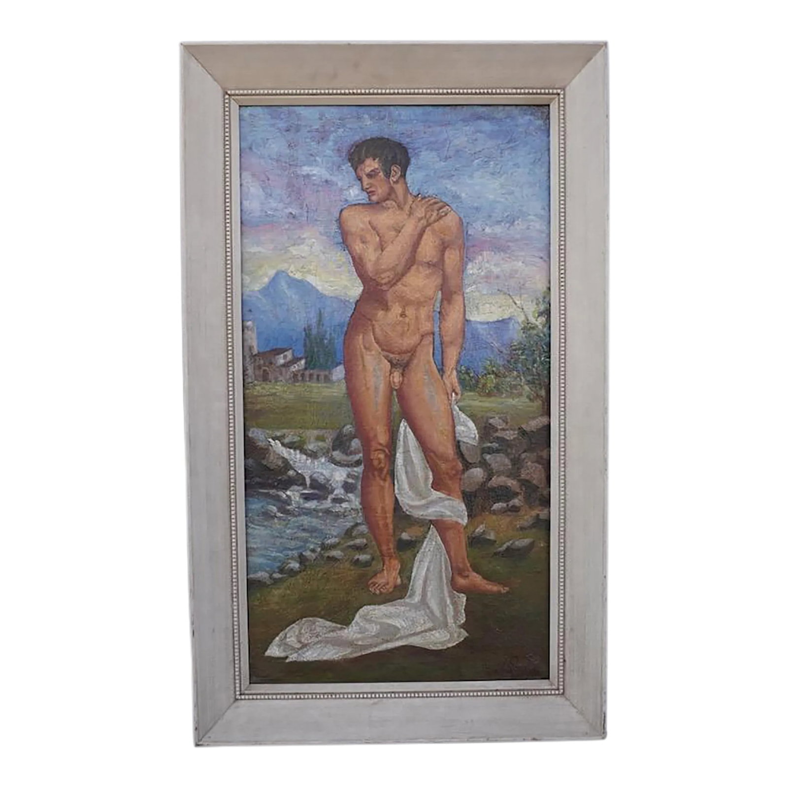 Classical Male Nude - Oil on Canvas 1930s: Seen against the Mediterranean landscape of Ancient Greece, this beautiful young man embodies an ideal of the Hellenic world that has come down to us through the ages. Canvas measures 29 1/4" tall x