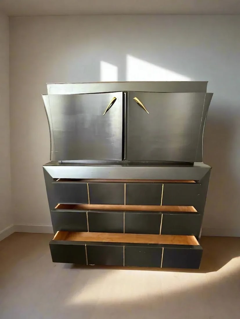 Vintage 1960s Mid-Century Modern Armoire by Tri-Bond Furniture - Satin Black, Gold Accents, Dovetail - 6