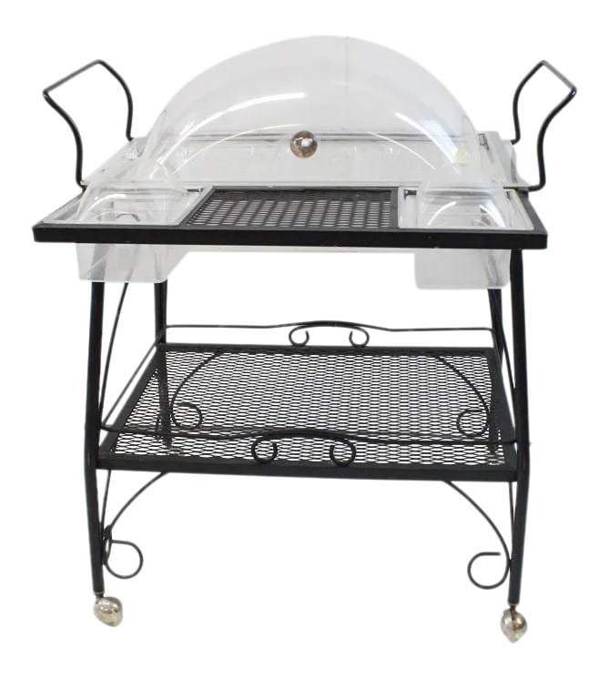 Mid Century Modern Metal and Lucite Patio Bar Cart: Have you seen a vintage metal cart like this one before? of course not! This unique snack cart is made of iron, it has a front extension so you can add the little trays for your side dishes. The large