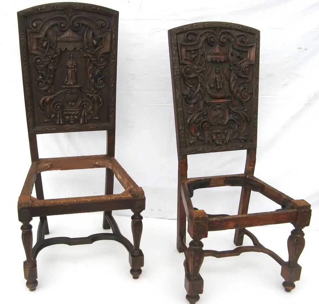 Carved Tall Renaissance Revival Side Chairs - a Pair - 6