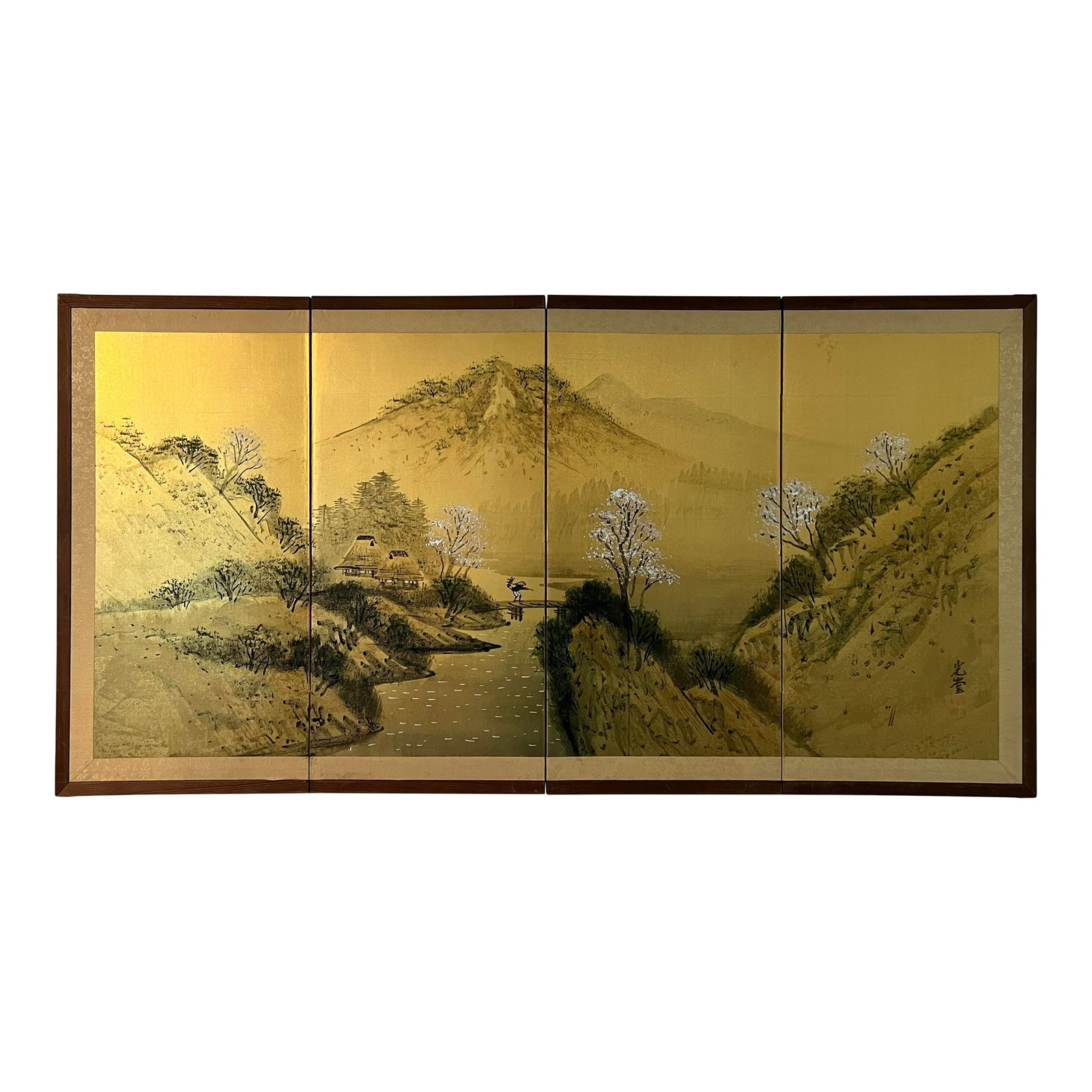 Early 20th Century Exceptional Antique Edo Period Japanese 4 Panel Byobu Painting on Silk of Spring: ThatKateGirl is pleased to offer this exceptional Early 20th Century (possibly older) Japanese four panel gold byobu or folding screen. This hand painted, gold silk byobu depicts a scenic Spring mount