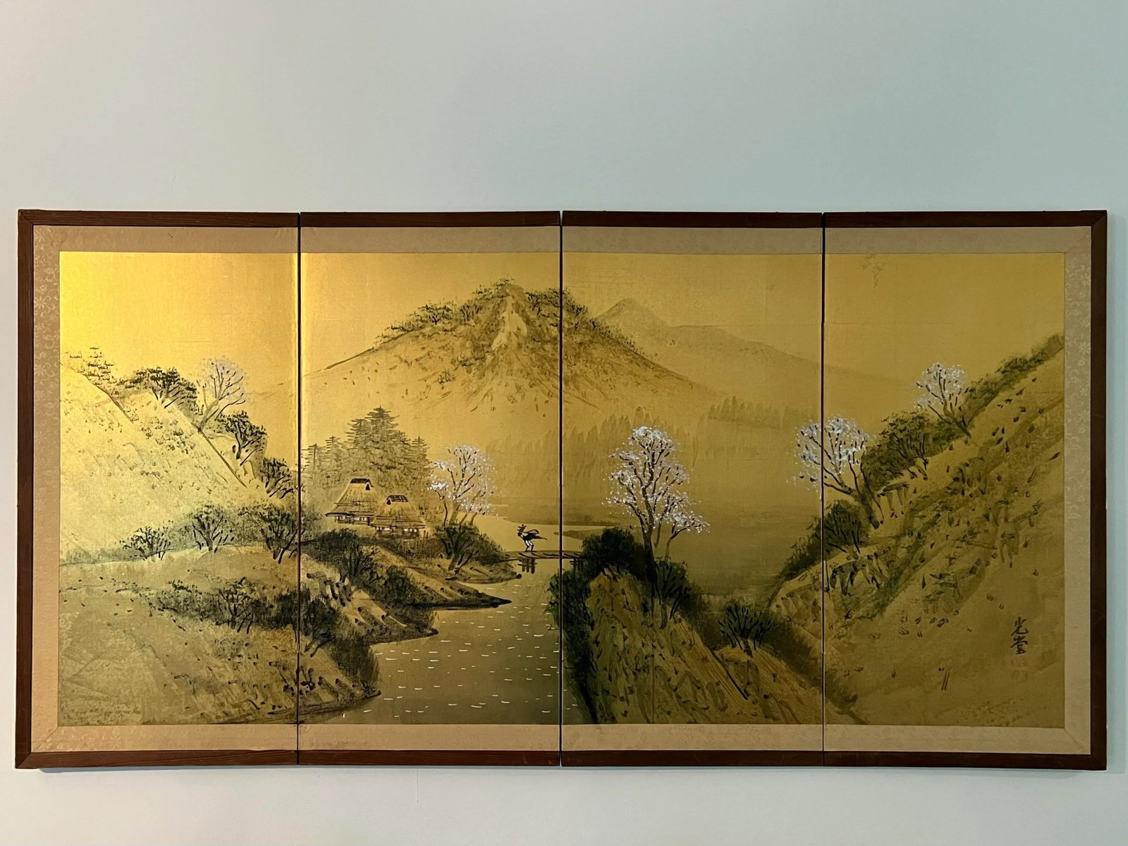 Early 20th Century Exceptional Antique Edo Period Japanese 4 Panel Byobu Painting on Silk of Spring - 2