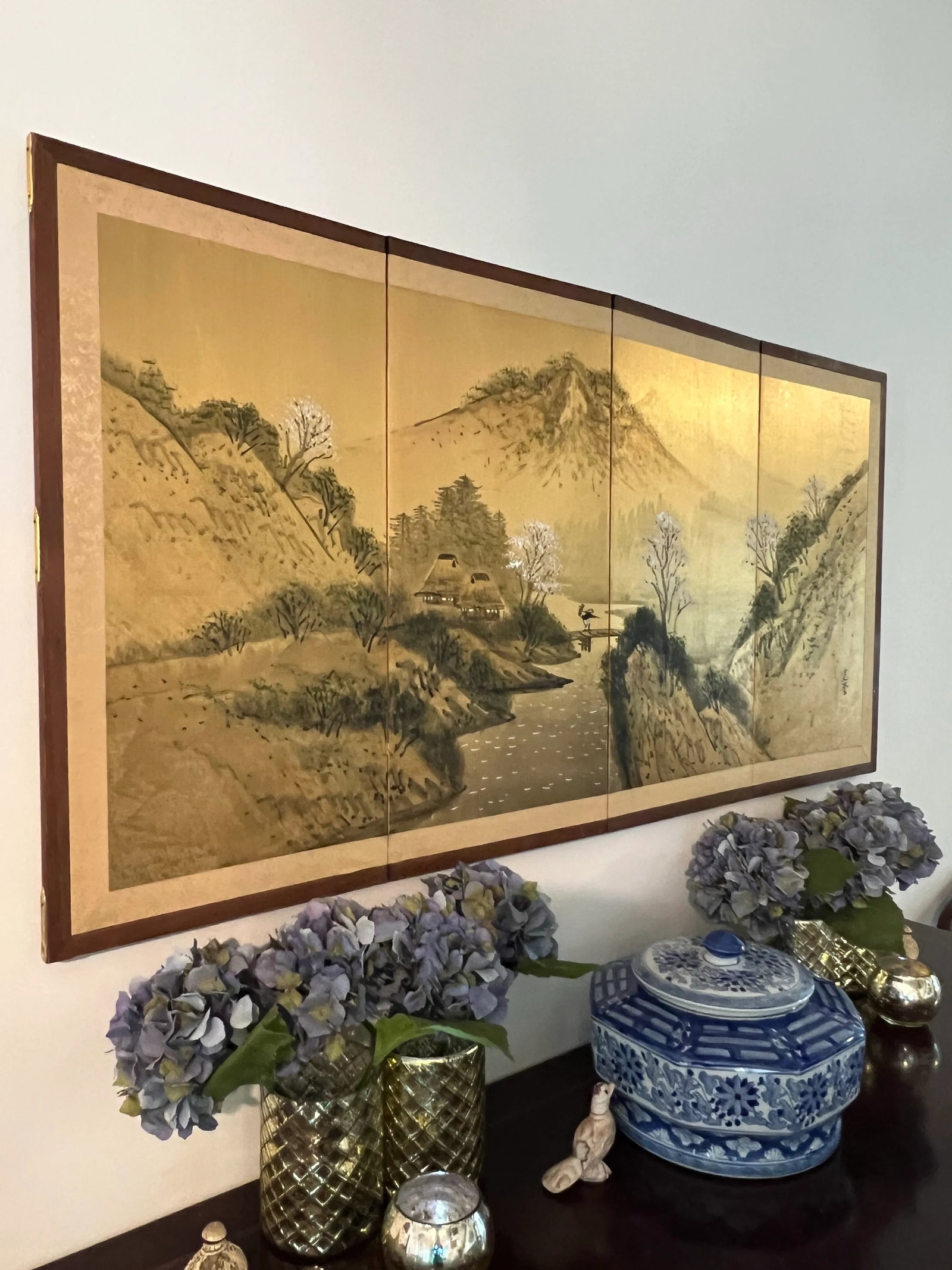 Early 20th Century Exceptional Antique Edo Period Japanese 4 Panel Byobu Painting on Silk of Spring - 3