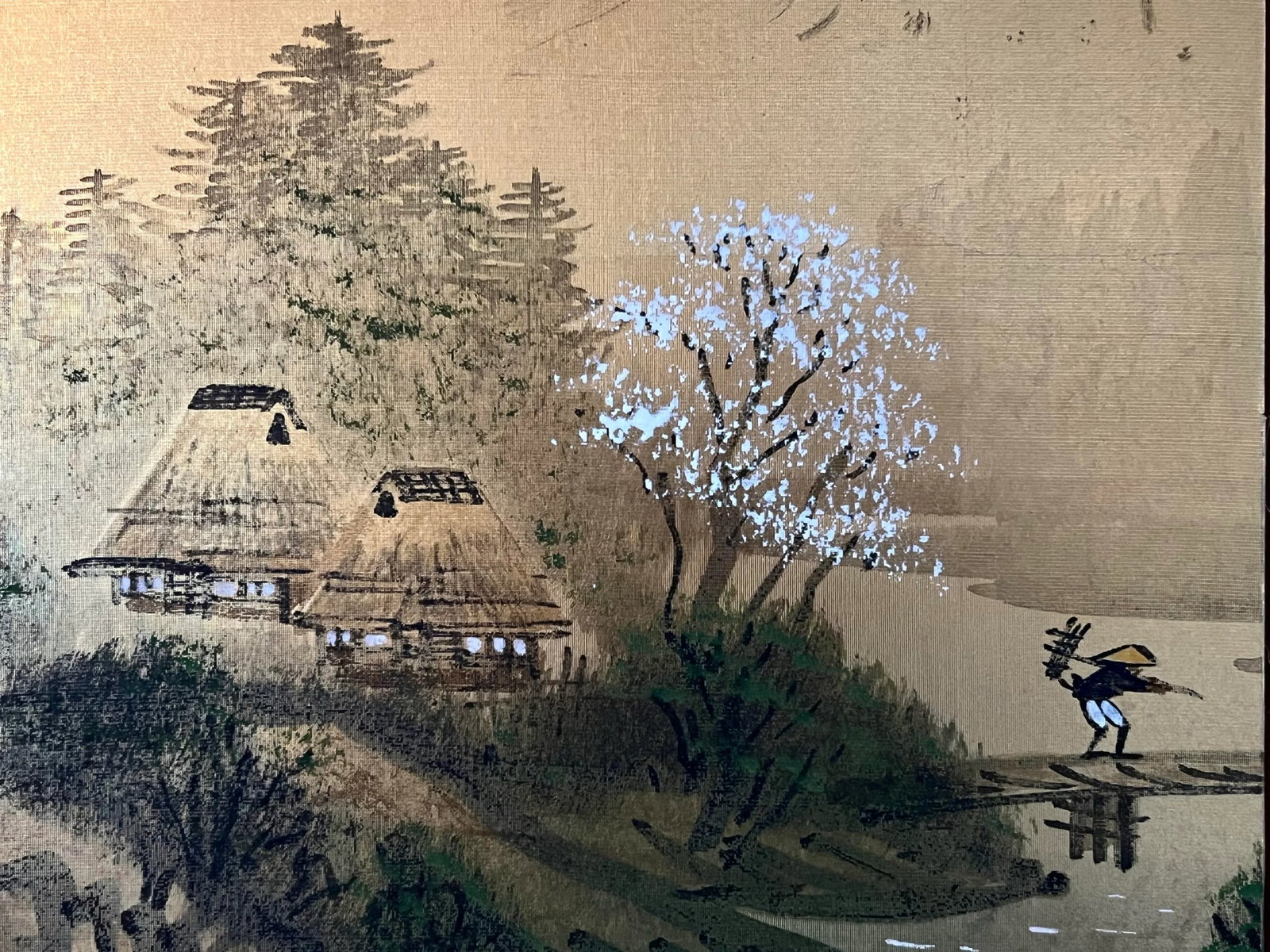 Early 20th Century Exceptional Antique Edo Period Japanese 4 Panel Byobu Painting on Silk of Spring - 6