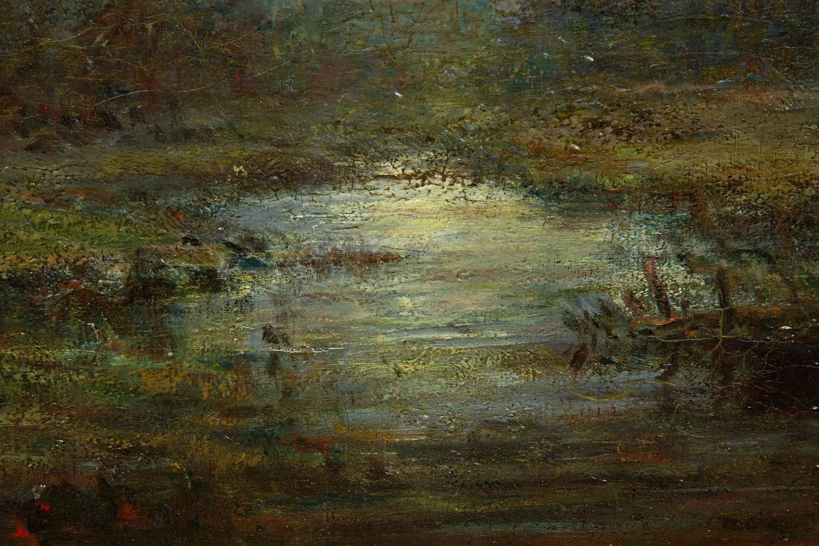 American Tonalist Antique Oil Painting of Moonlit Nocturnal Landscape - 11
