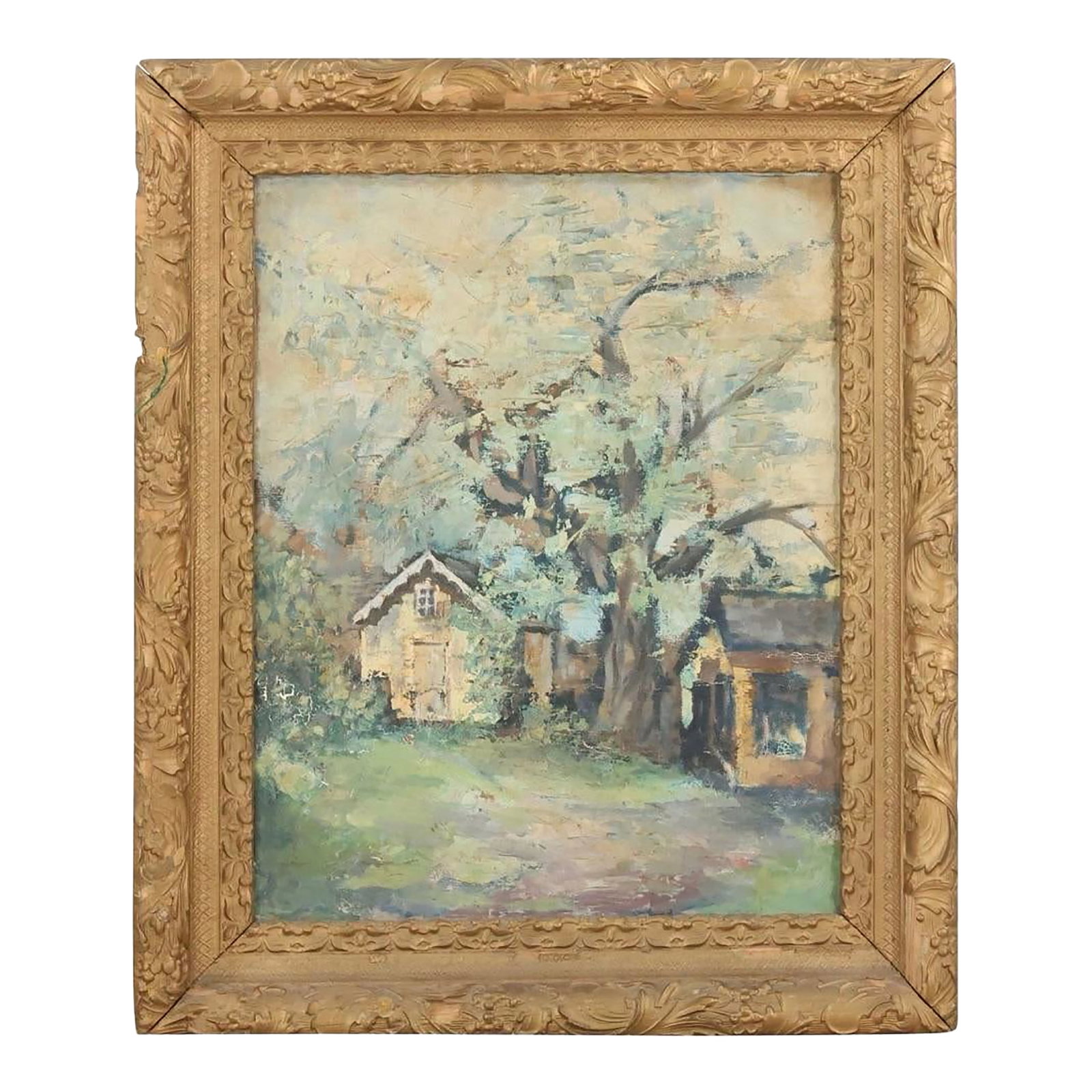 Vintage Landscape Oil Painting: Fabulous Impressionist Oil Painting. Depiction of Cabins within a Beautiful Impressionist Landscape. Very Good Condition. Stunning Original Wood Frame. Frame has some wear. Please see Photos for detai
