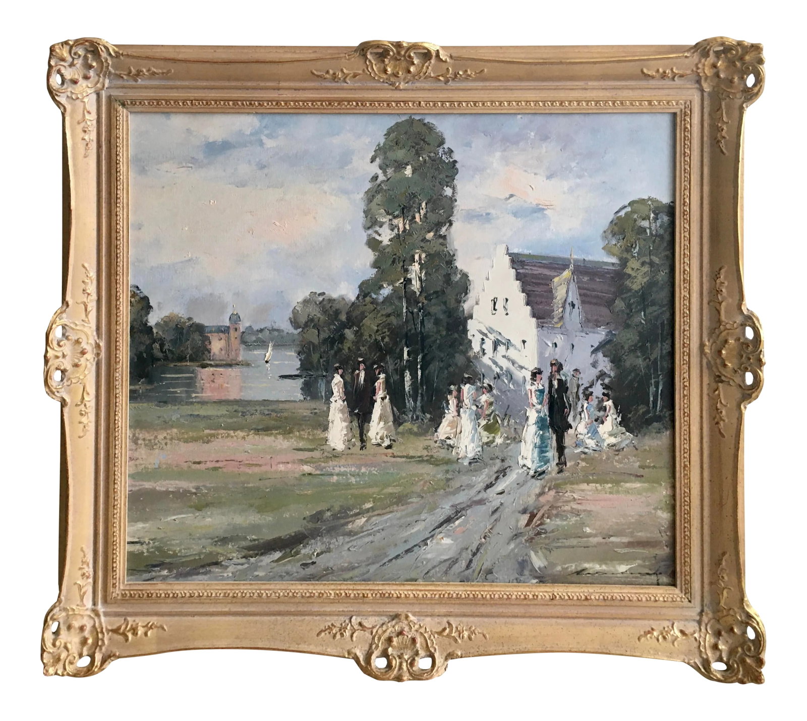 Impressionist Lakeside Country Scene Oil Painting: Exquisite oil painting of pastoral lake-side scene in an array of gentle pastel colors with original white-washed gilded frame. Impressionistic brush strokes add depth and movement to the piece.
