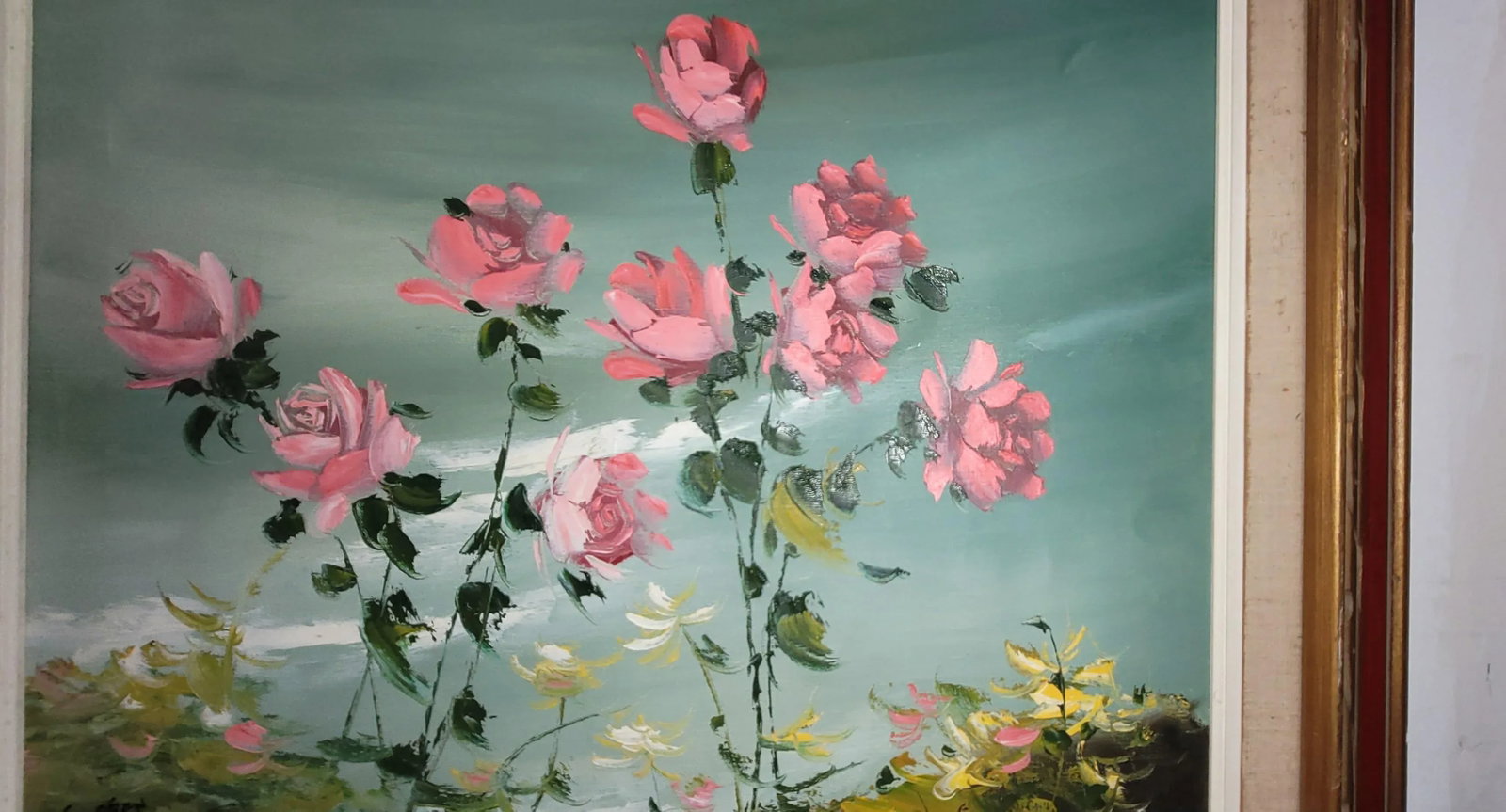 1990s Charming Vintage Oil Painting Pink Flowers Blue Cottage Core Framed & Signed - 10