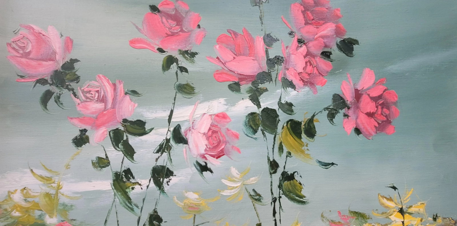 1990s Charming Vintage Oil Painting Pink Flowers Blue Cottage Core Framed & Signed - 11