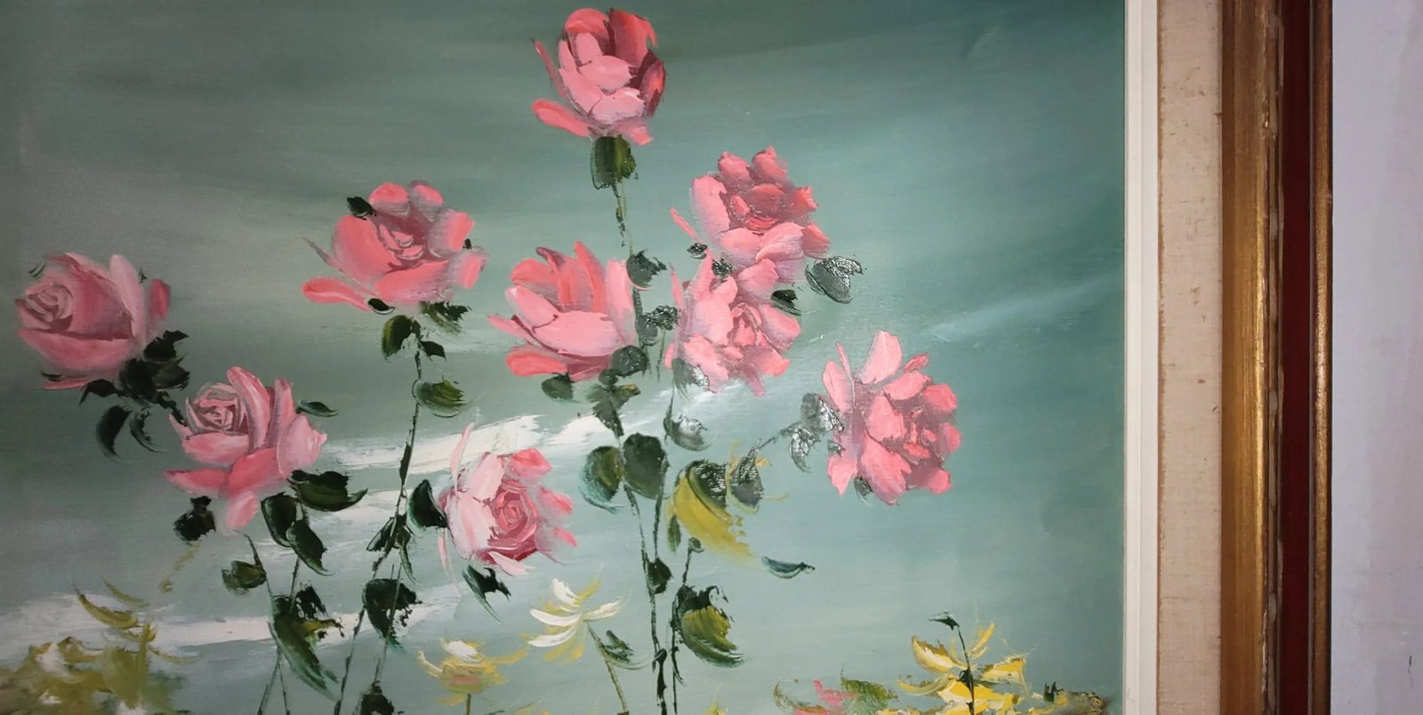 1990s Charming Vintage Oil Painting Pink Flowers Blue Cottage Core Framed & Signed - 2