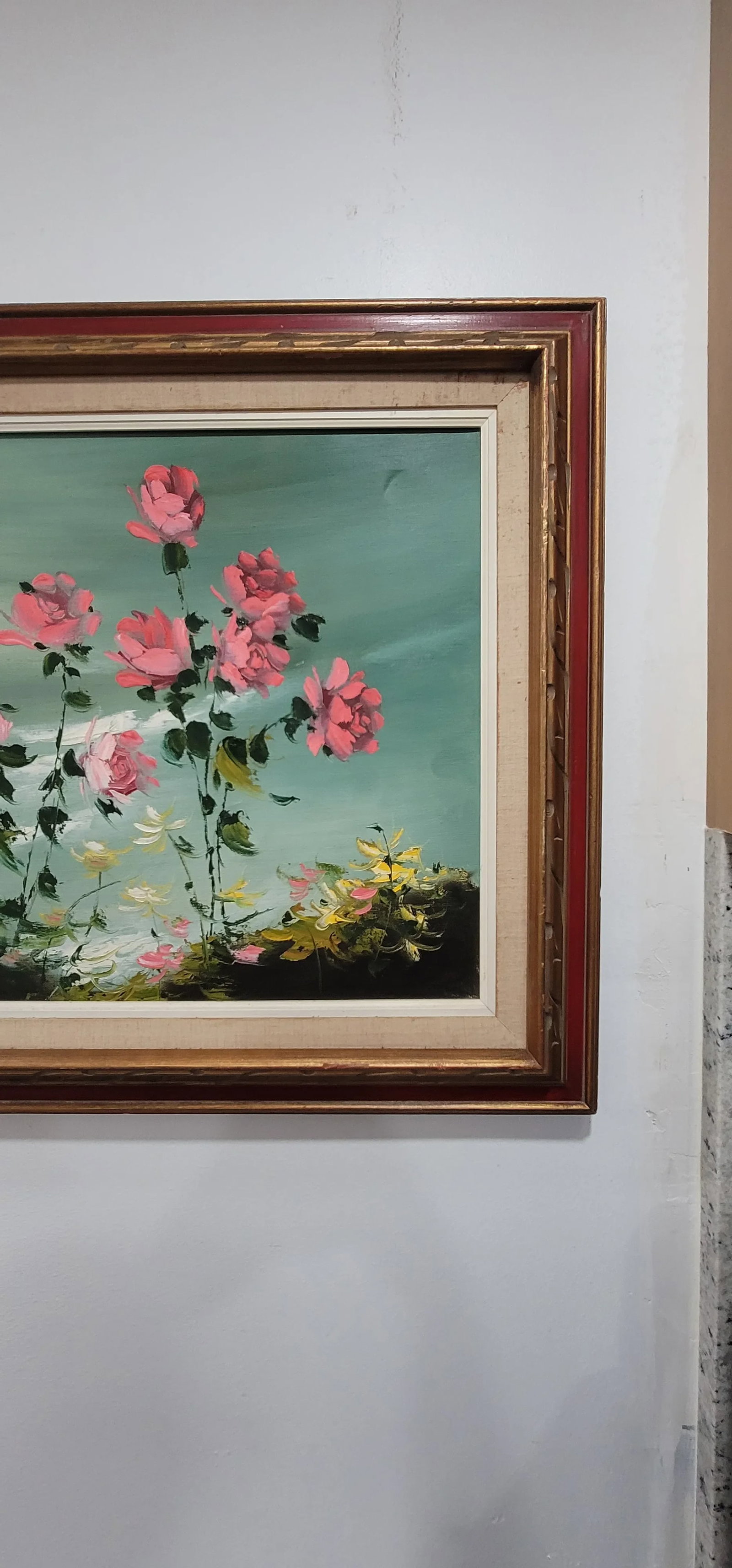 1990s Charming Vintage Oil Painting Pink Flowers Blue Cottage Core Framed & Signed - 3