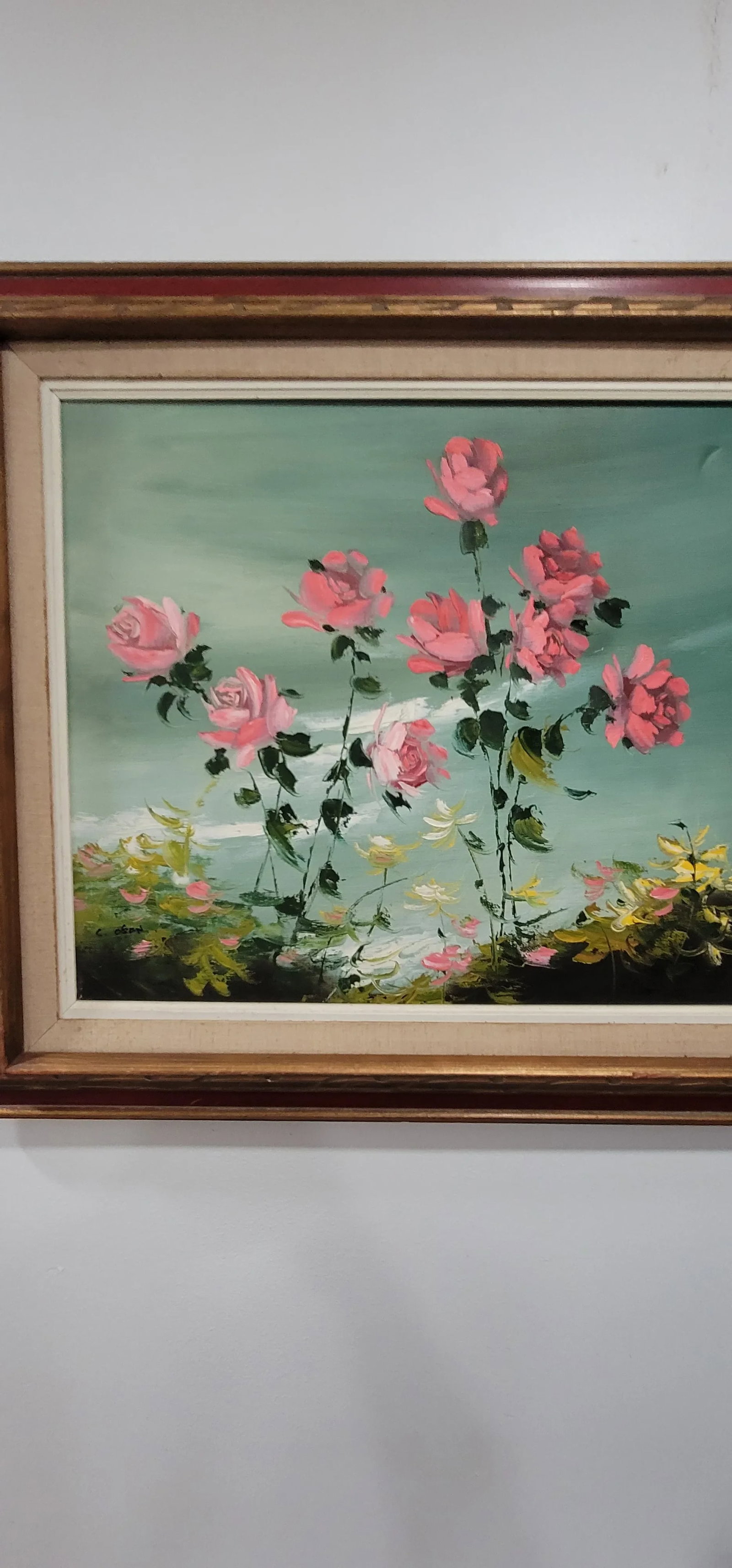 1990s Charming Vintage Oil Painting Pink Flowers Blue Cottage Core Framed & Signed - 4