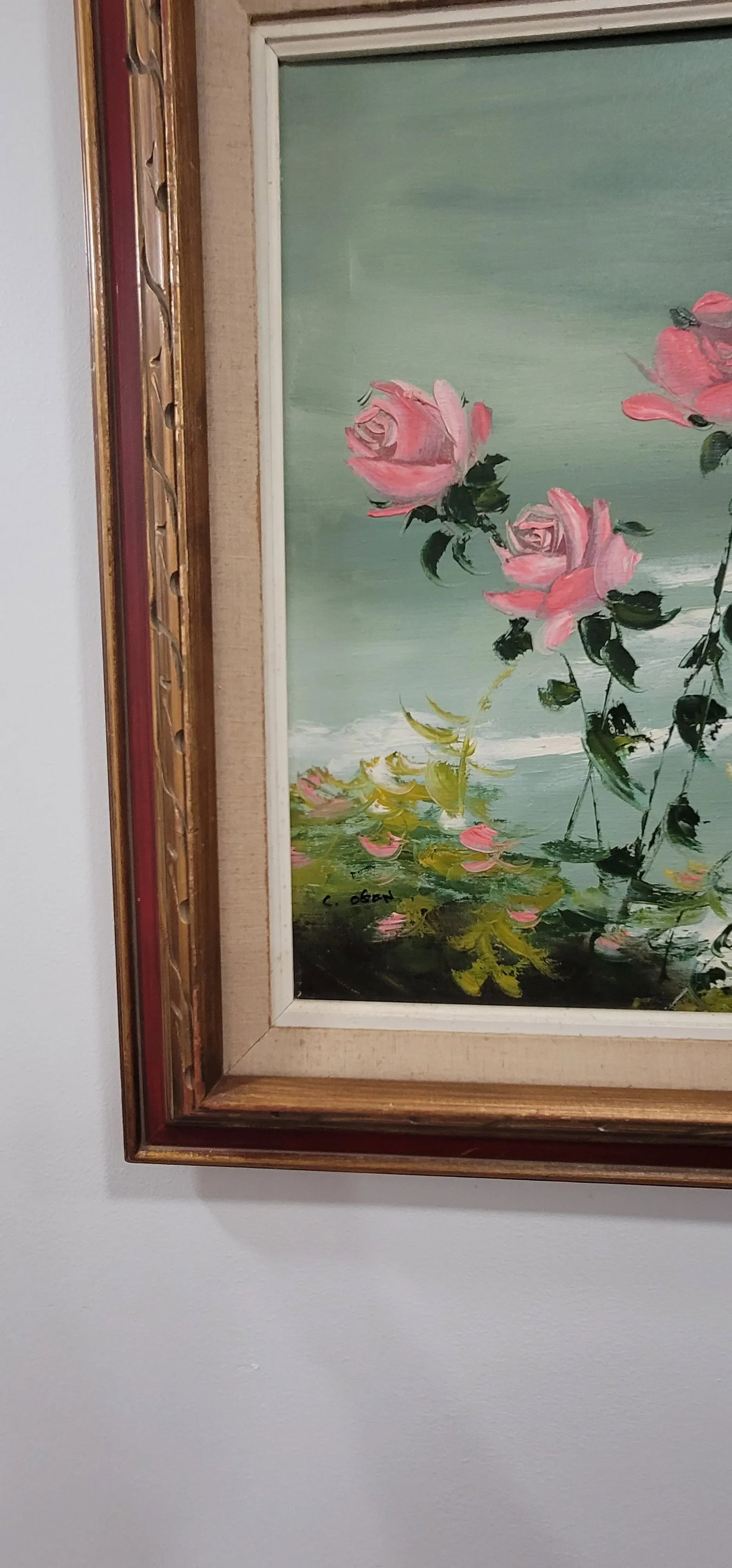 1990s Charming Vintage Oil Painting Pink Flowers Blue Cottage Core Framed & Signed - 5
