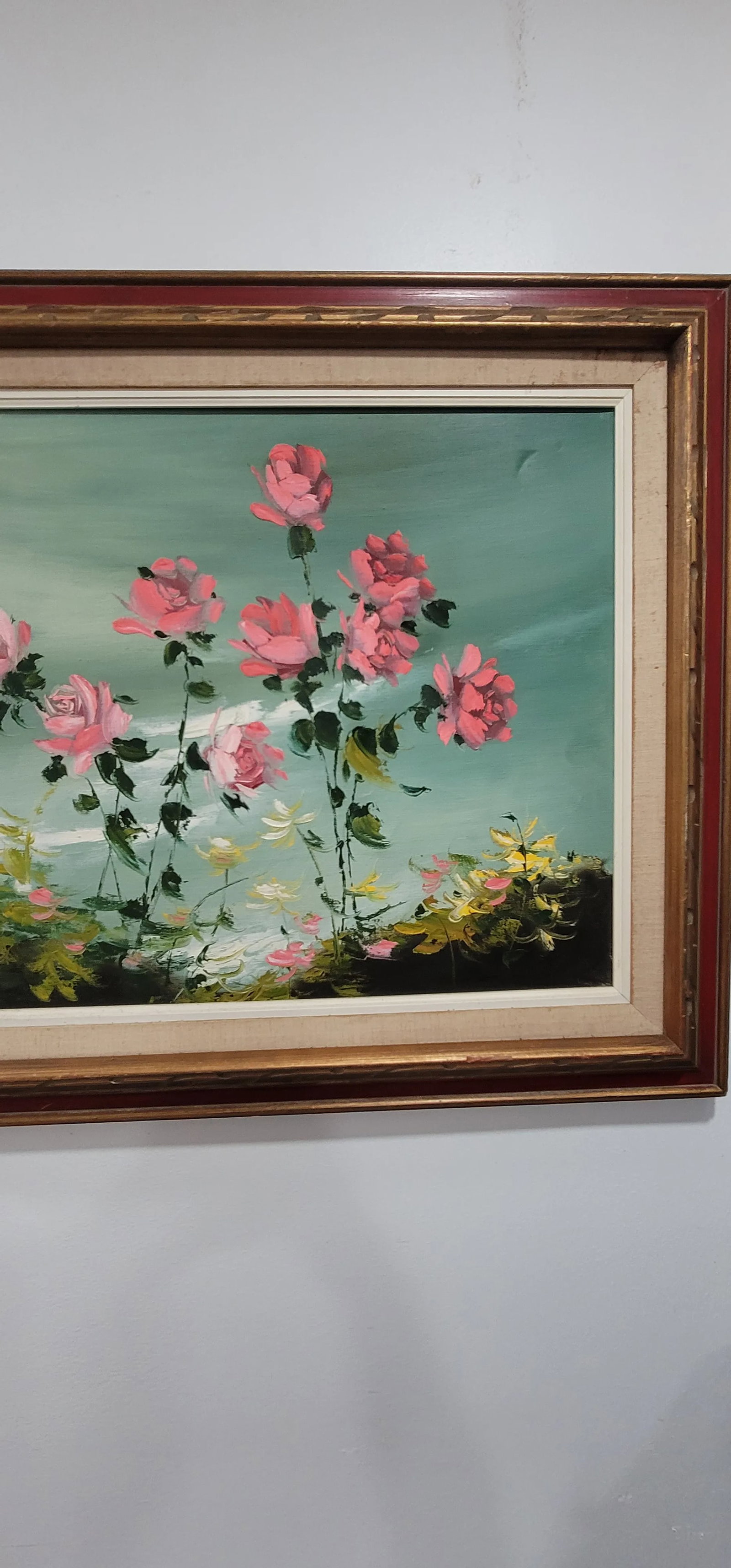 1990s Charming Vintage Oil Painting Pink Flowers Blue Cottage Core Framed & Signed - 6