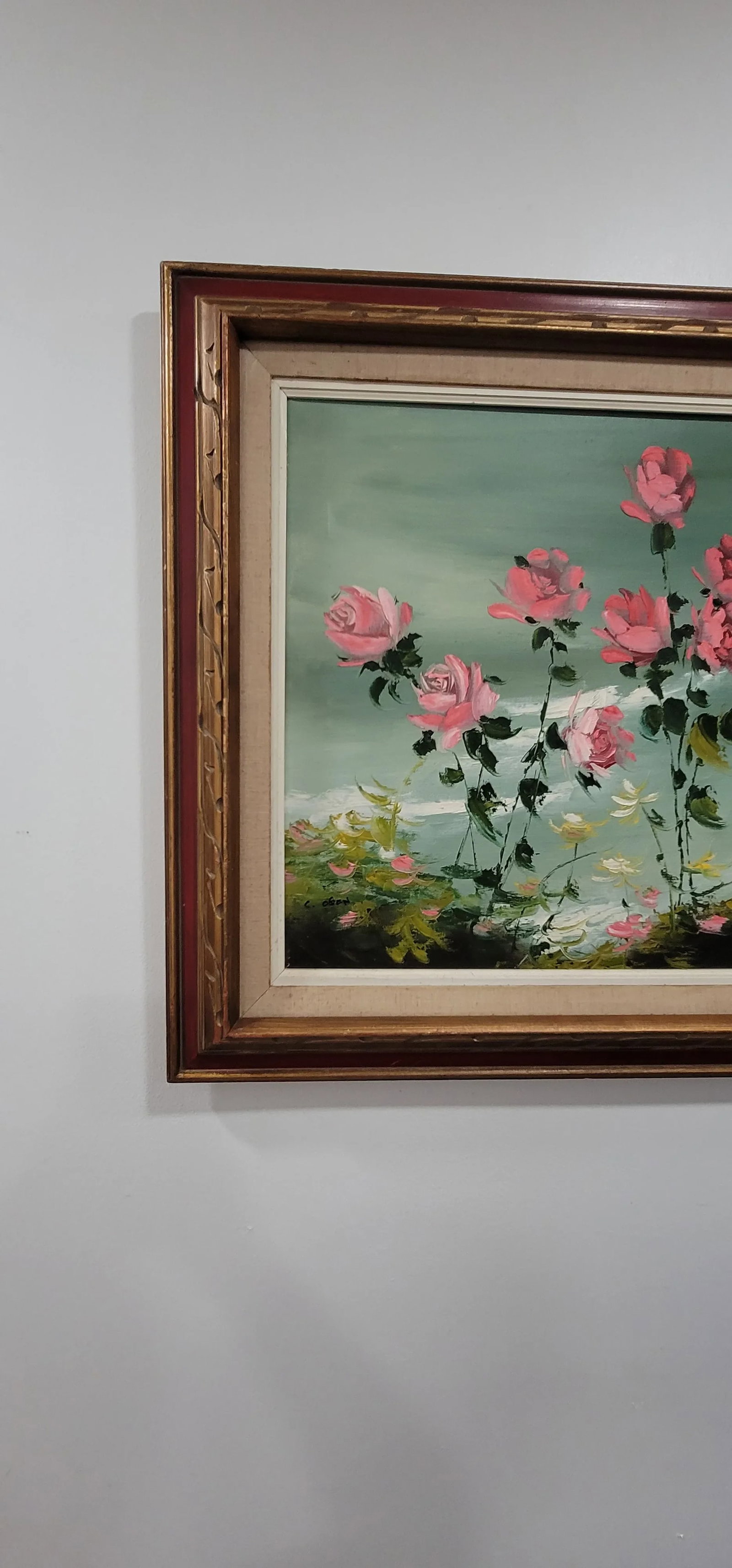1990s Charming Vintage Oil Painting Pink Flowers Blue Cottage Core Framed & Signed - 7