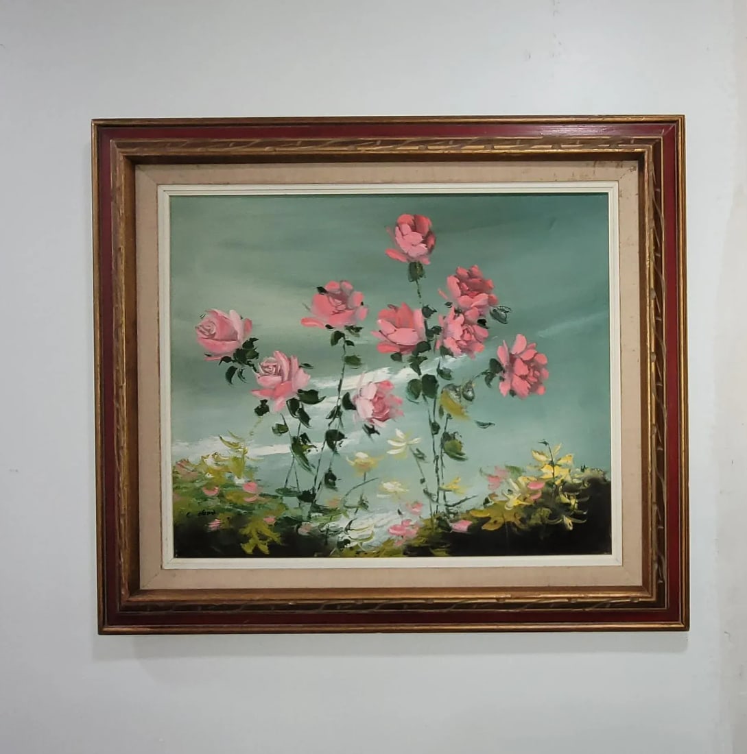 1990s Charming Vintage Oil Painting Pink Flowers Blue Cottage Core Framed & Signed - 8