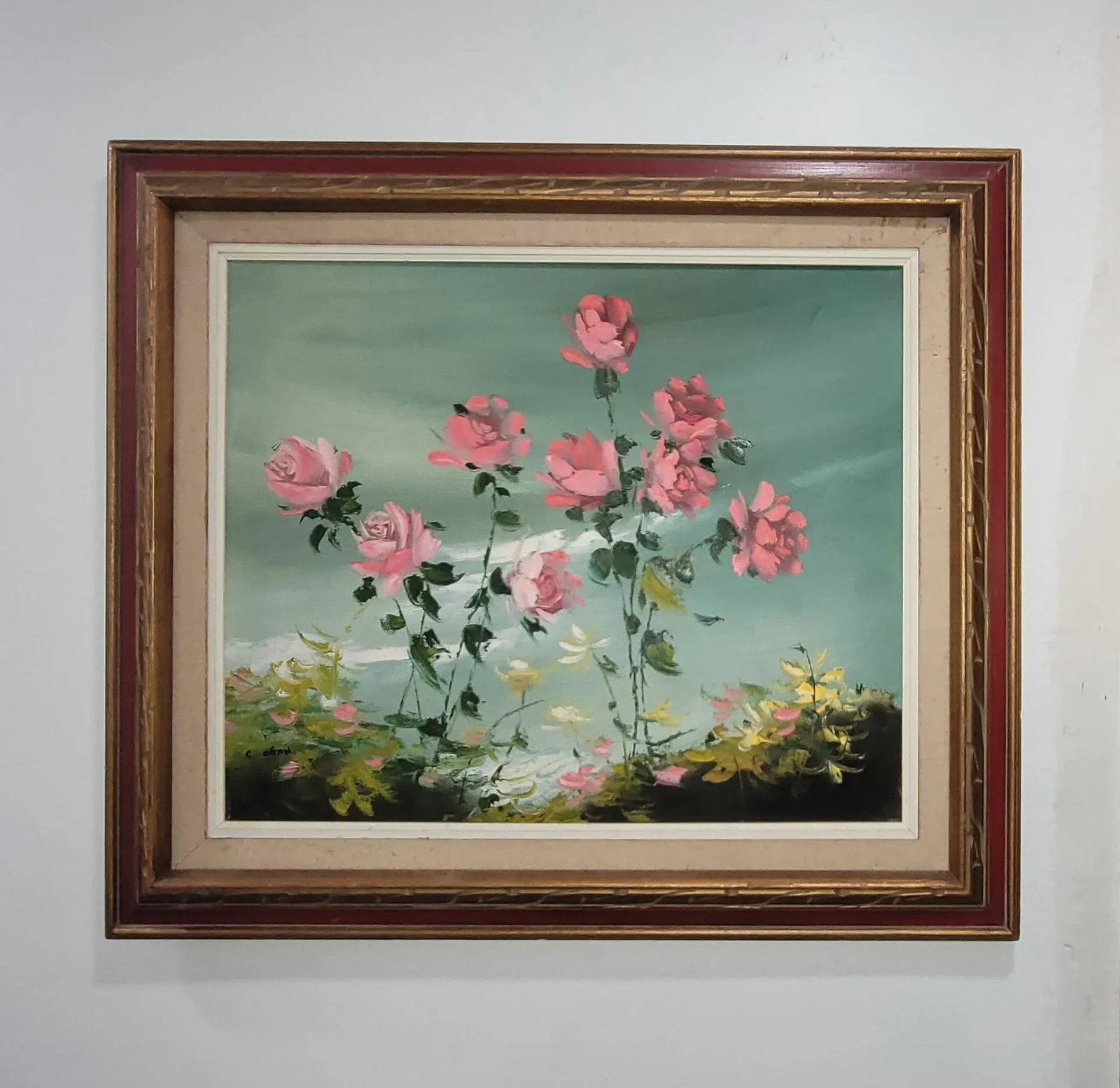 1990s Charming Vintage Oil Painting Pink Flowers Blue Cottage Core Framed & Signed - 9