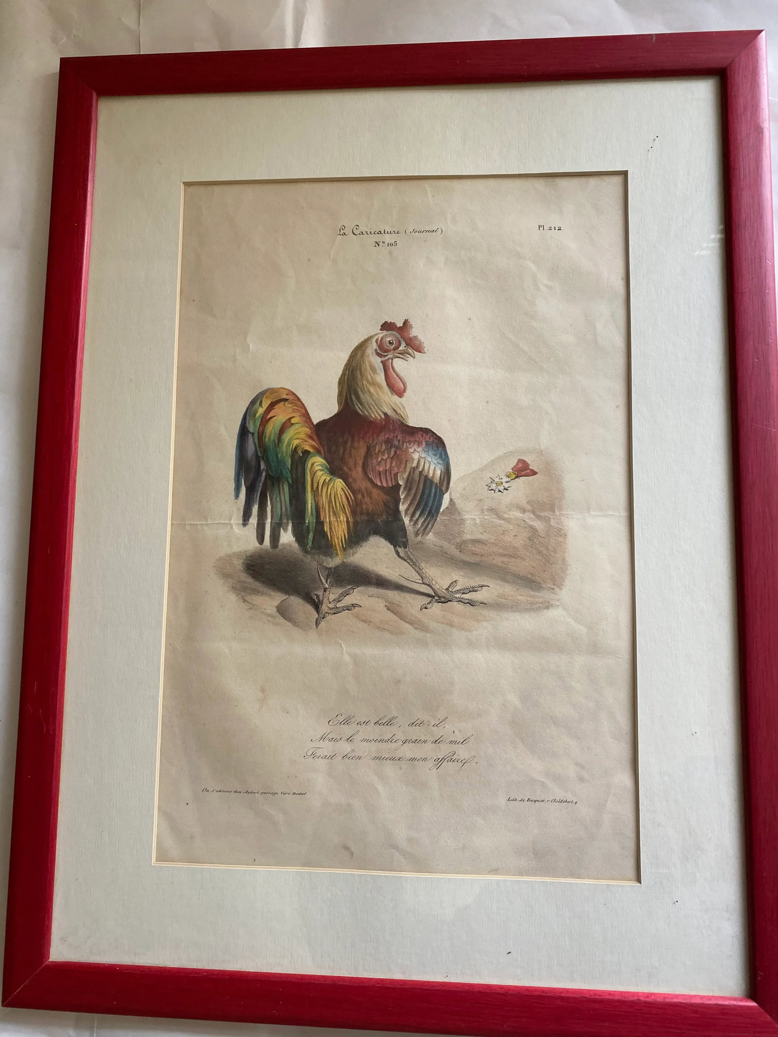 French Colored Engraving From "La Caricature" Depicting a Rooster - 2