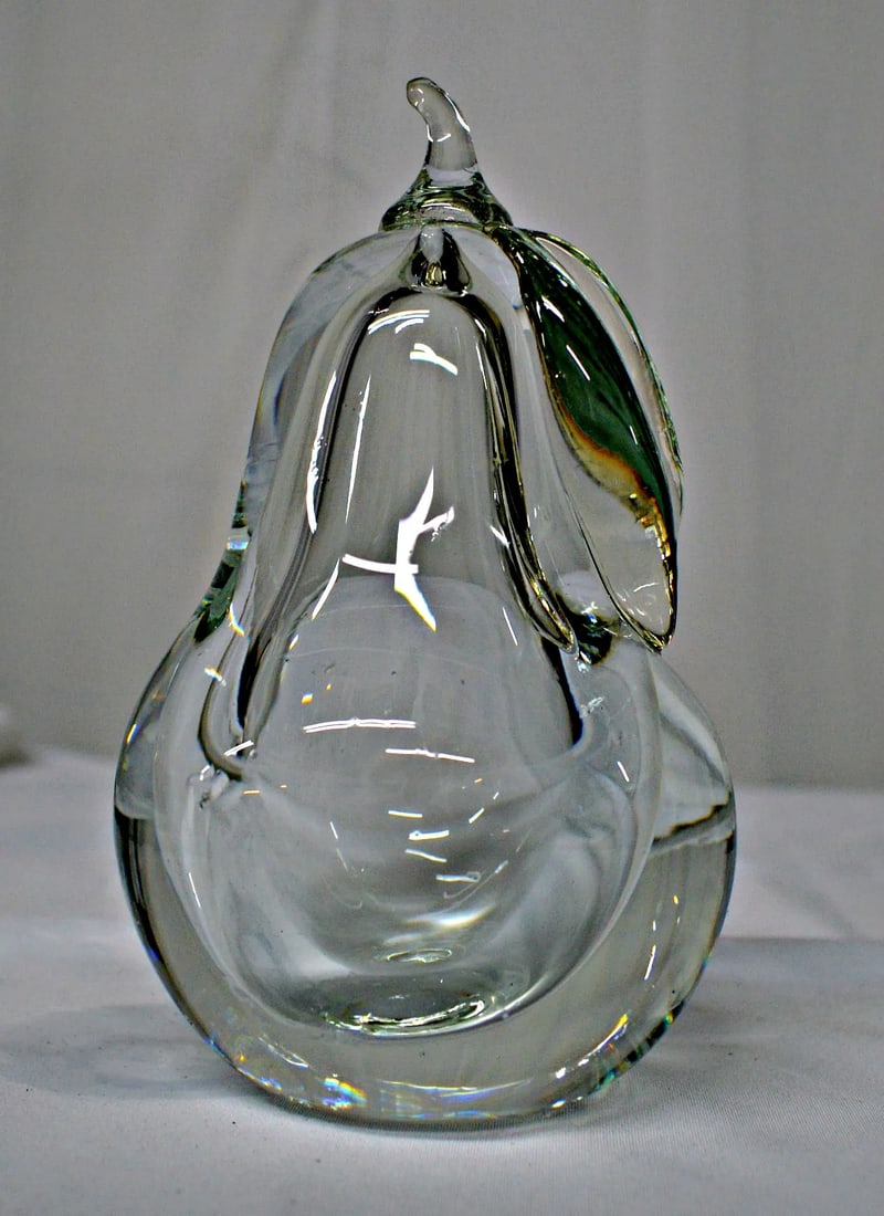 Hand Blown Clear Glass Pear Paperweight - 6