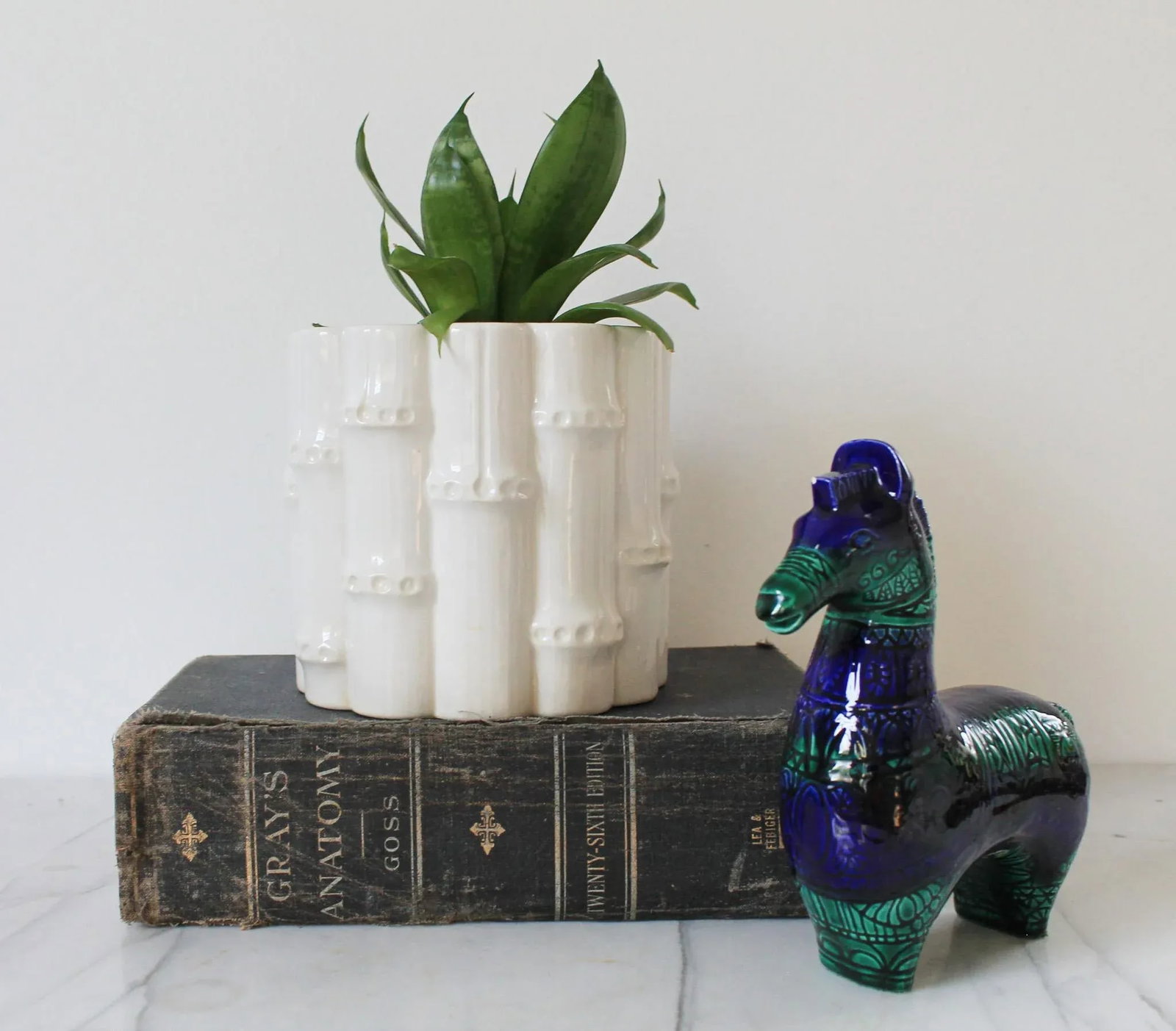 Vintage White Ceramic Faux Bamboo Planter - 2