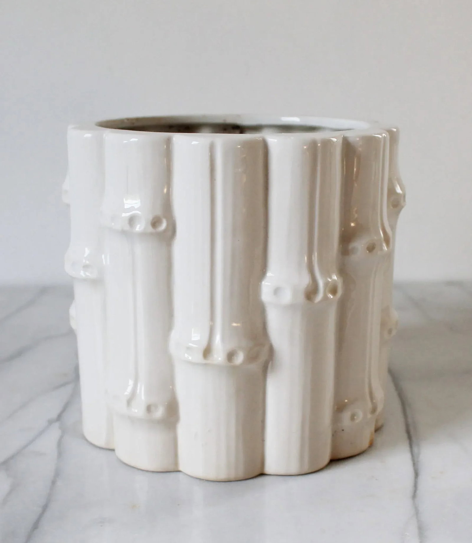 Vintage White Ceramic Faux Bamboo Planter - 3