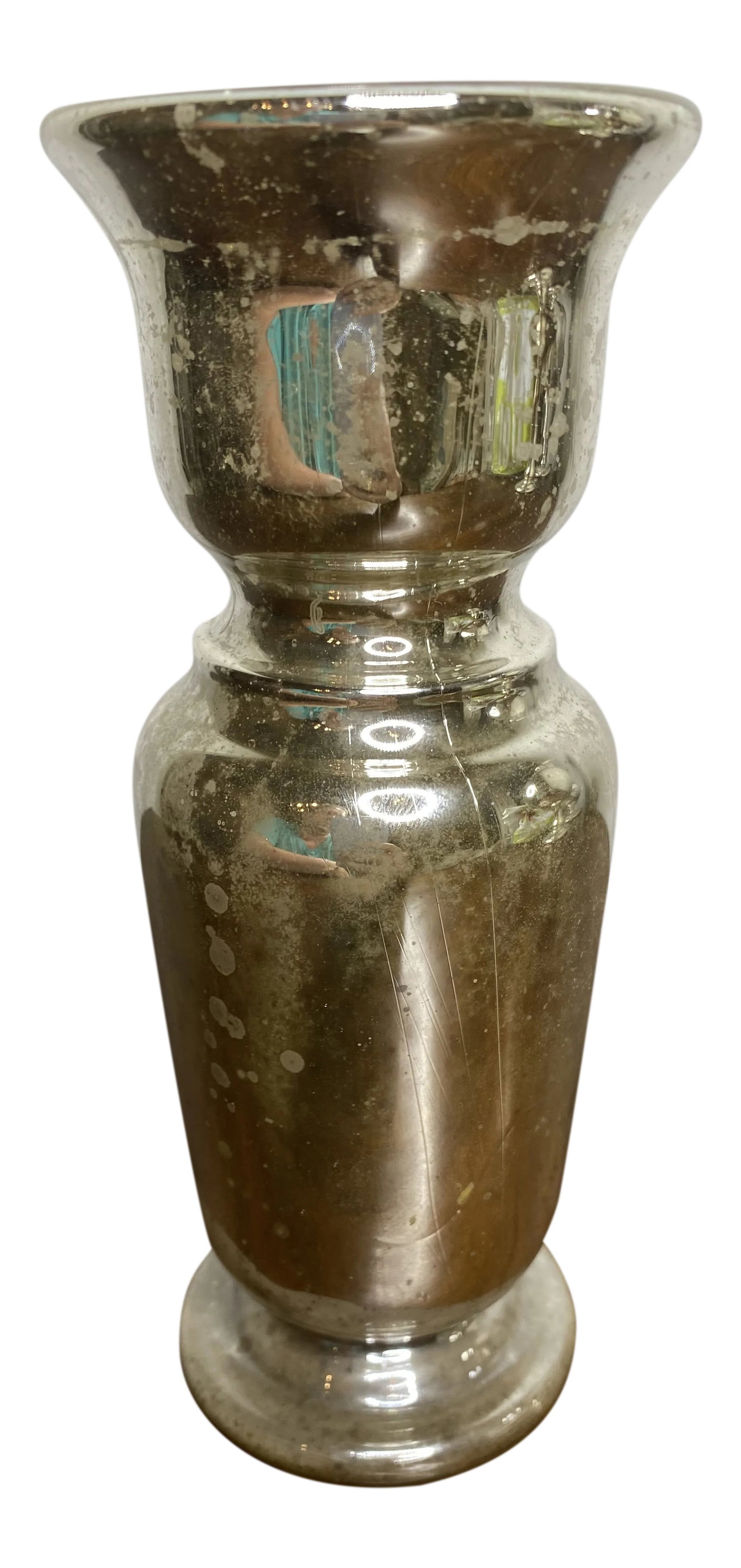 Antique Mercury Glass Vase: Lovely antique mercury glass vase with unusual shape and great patina. Condition: Alterations: Original Condition Unaltered Imperfections: Some Imperfections Condition Notes: As expected antique condi