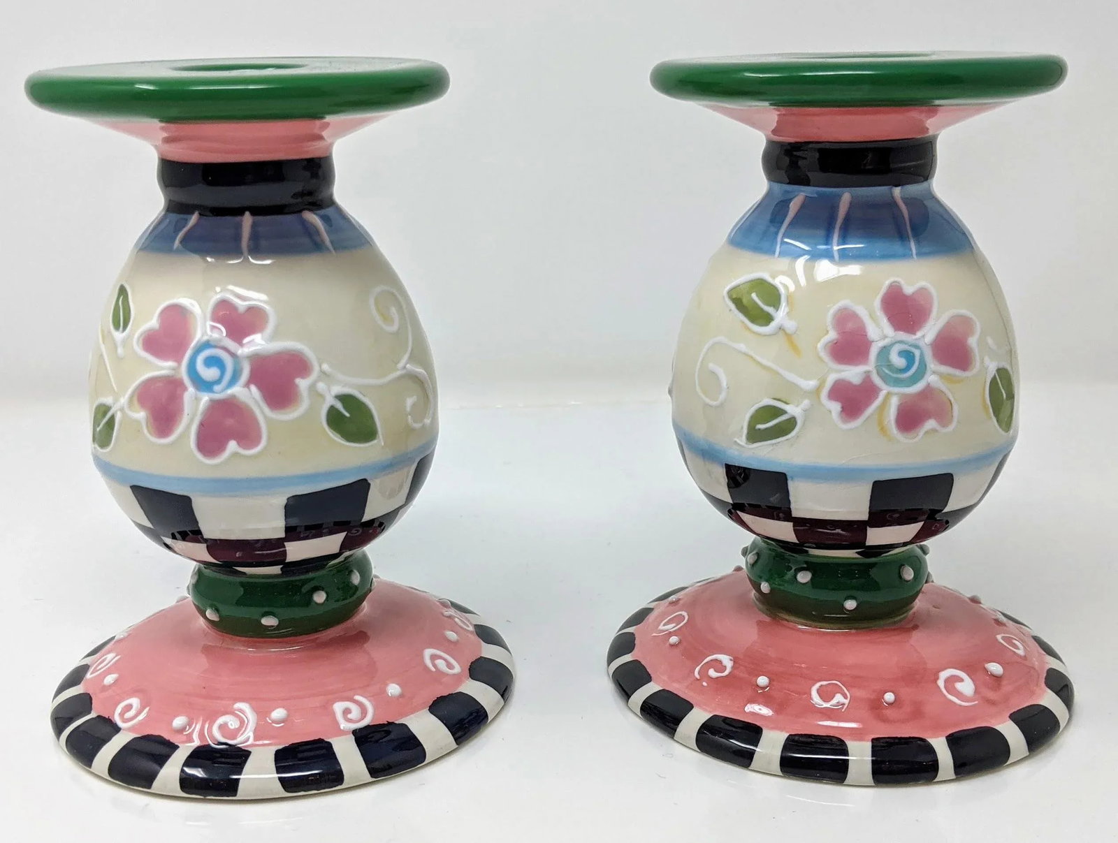 Vintage 1990s Regency MacKenzie-Childs Inspired Taper Pastel Candlestick Holders - Set of Two - 2
