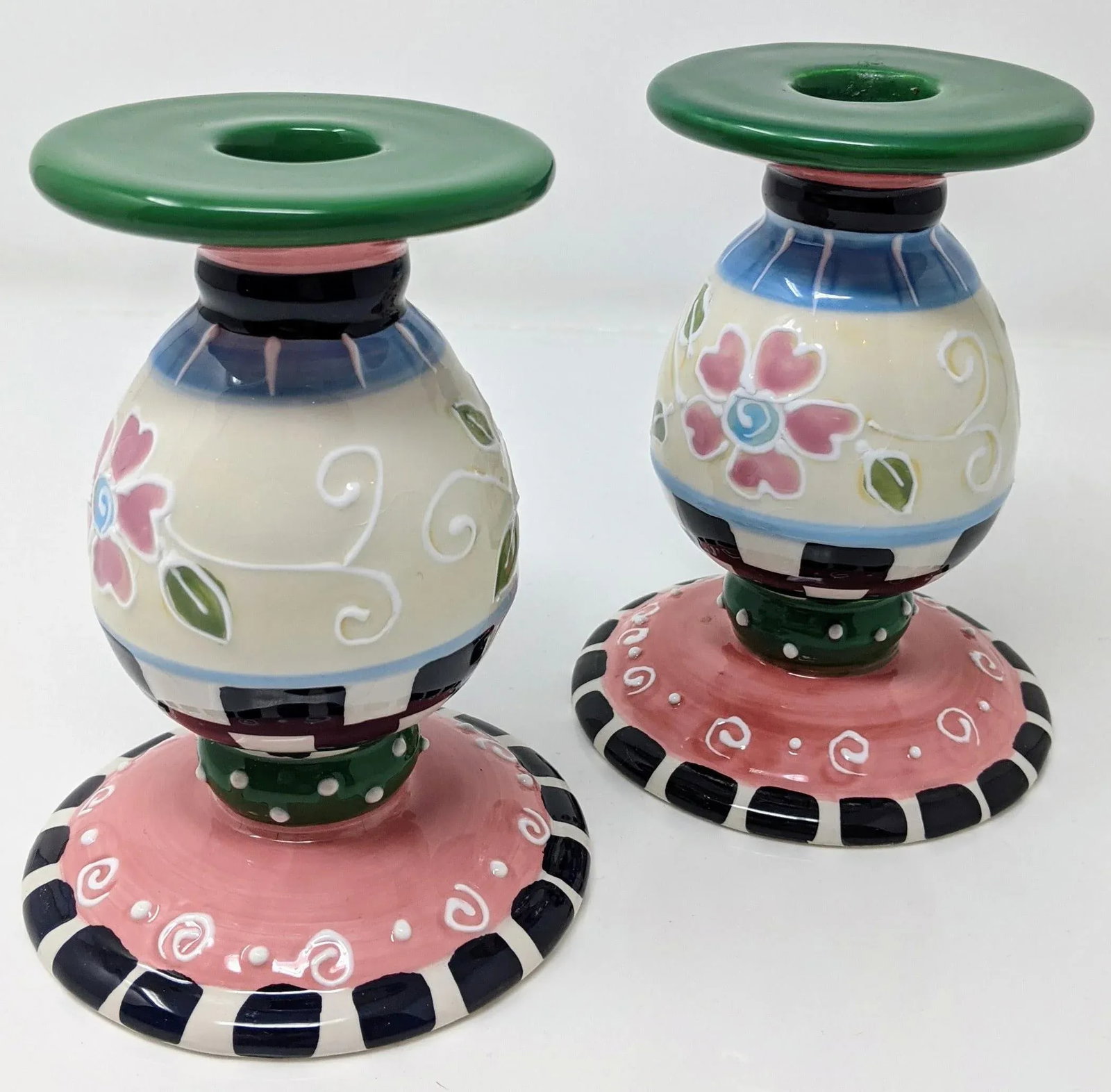 Vintage 1990s Regency MacKenzie-Childs Inspired Taper Pastel Candlestick Holders - Set of Two - 3