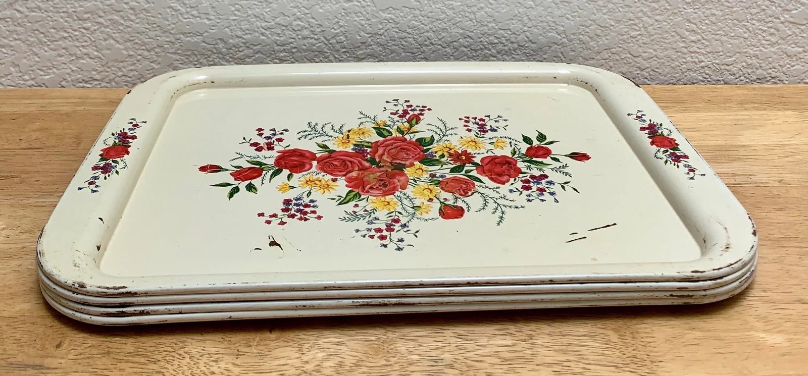 Set of Four Cottage Chic Large Floral Trays - 2