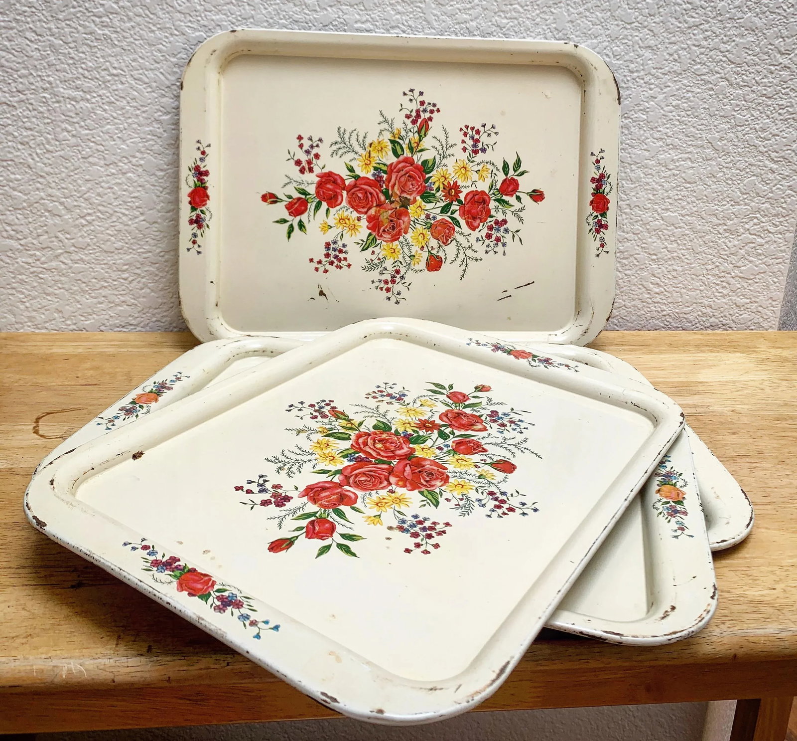 Set of Four Cottage Chic Large Floral Trays - 3