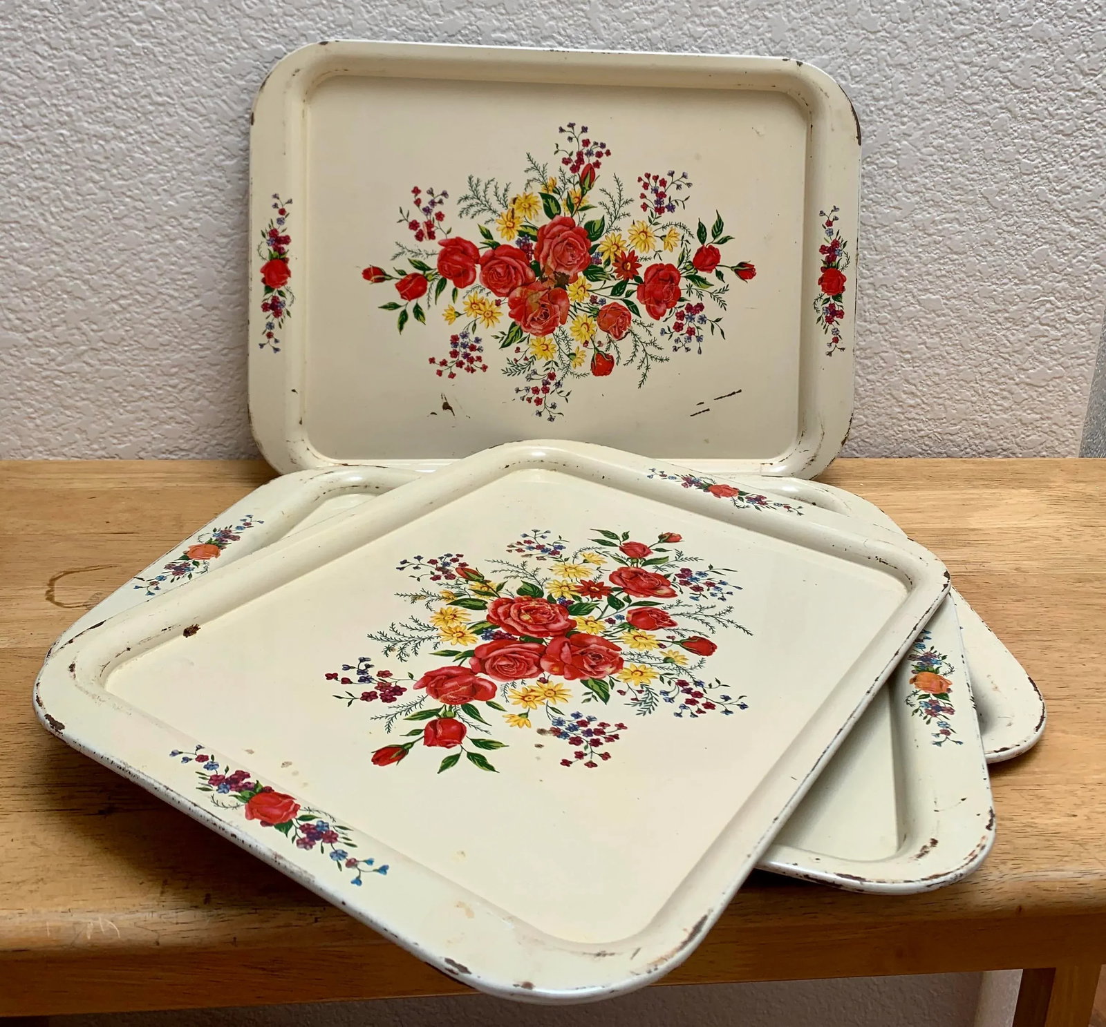 Set of Four Cottage Chic Large Floral Trays - 4