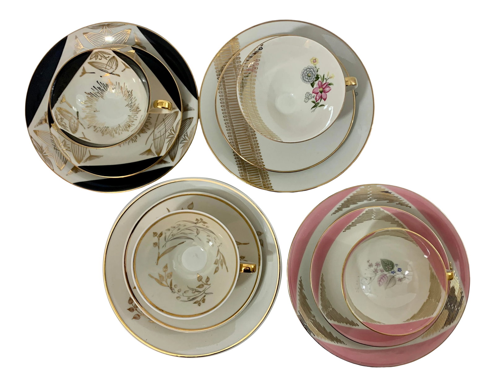 Vintage Late 20th Century Bavarian Tea Cup Trios - Set of 4: Vintage Bavarian china tea cup trios set of four. These sweet tea cup, saucer, and sandwich plates are a set of complimentary patterns that will brighten any table setting. Sandwich plate 7", saucer 6