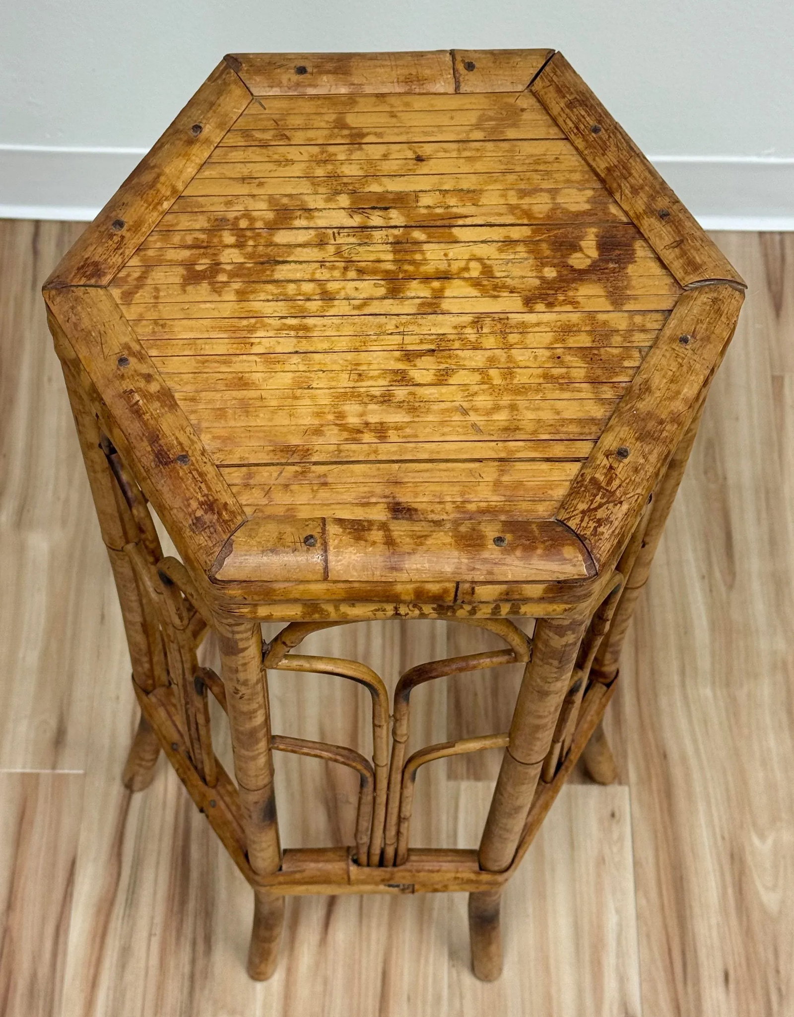 Vintage Hexagonal Scorched Bamboo Plant Stand - 3