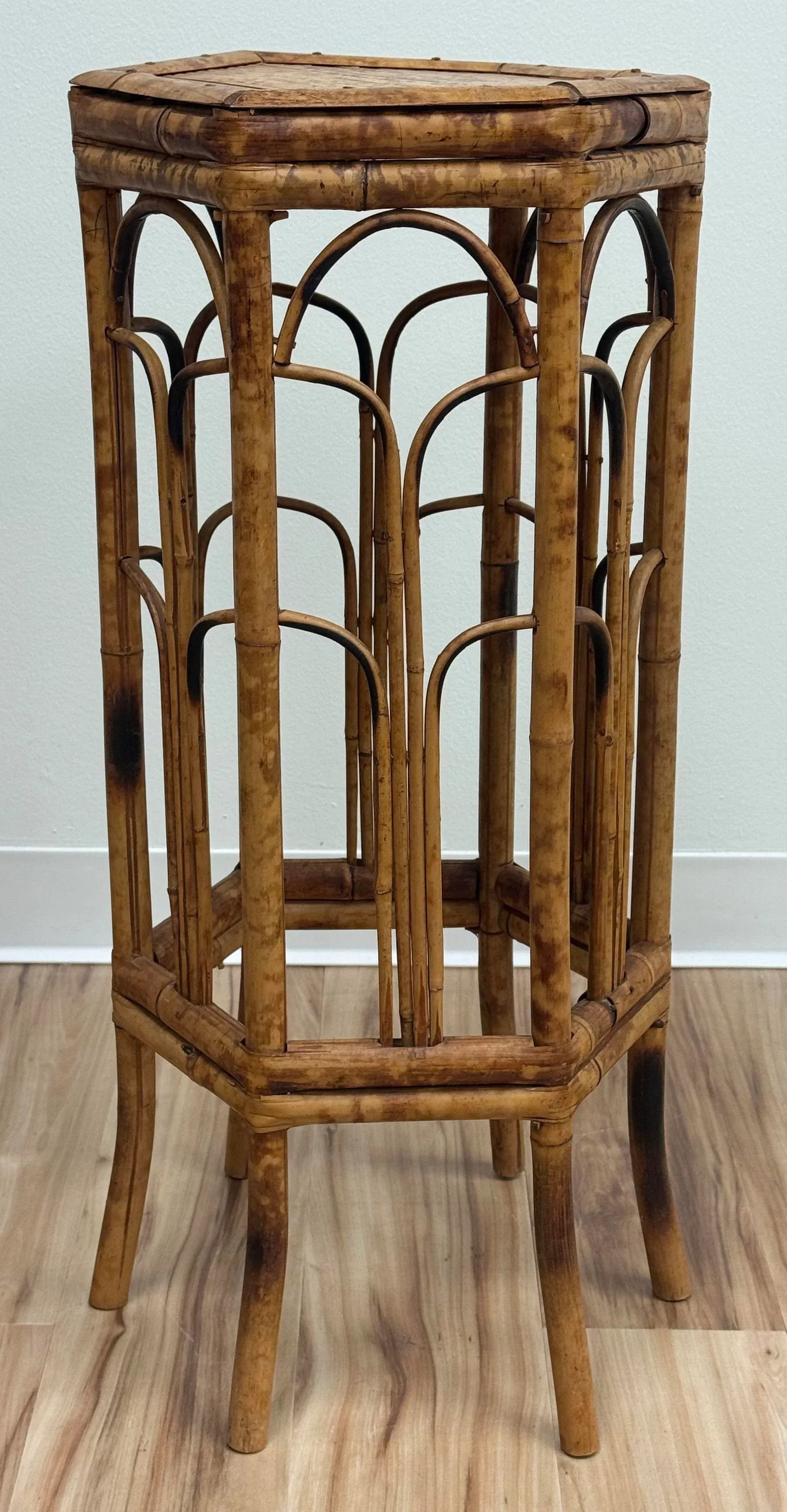 Vintage Hexagonal Scorched Bamboo Plant Stand - 4
