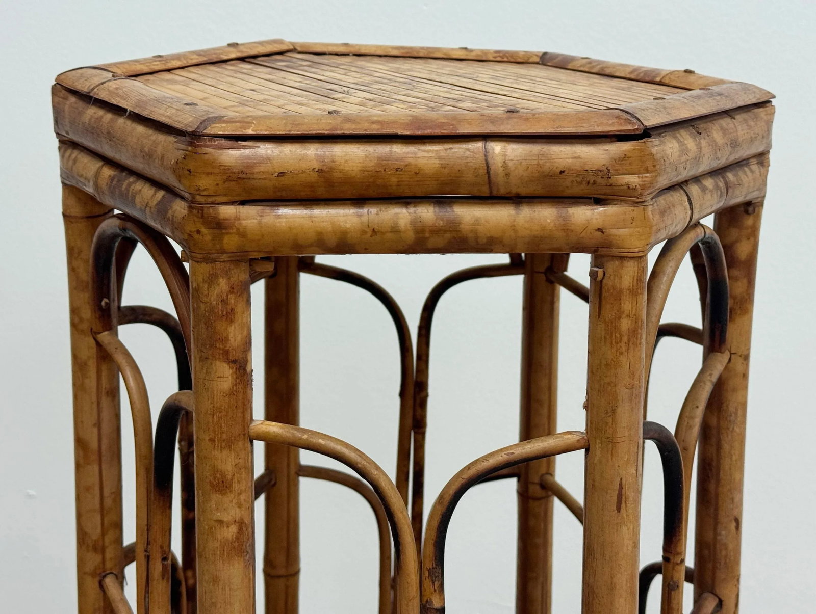 Vintage Hexagonal Scorched Bamboo Plant Stand - 6