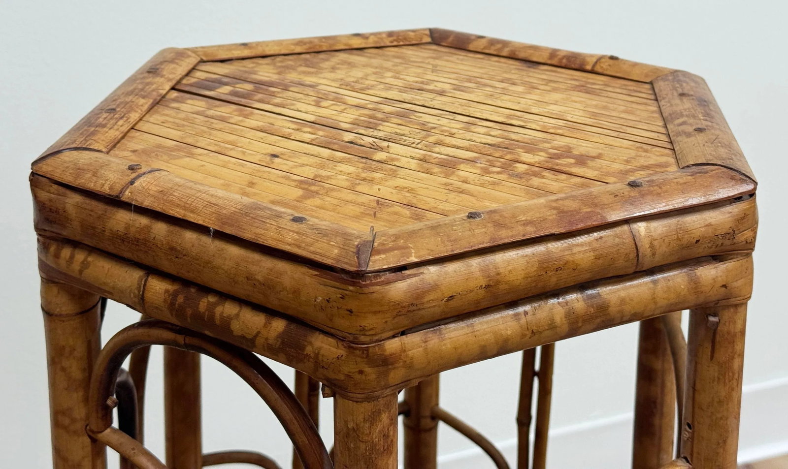 Vintage Hexagonal Scorched Bamboo Plant Stand - 7