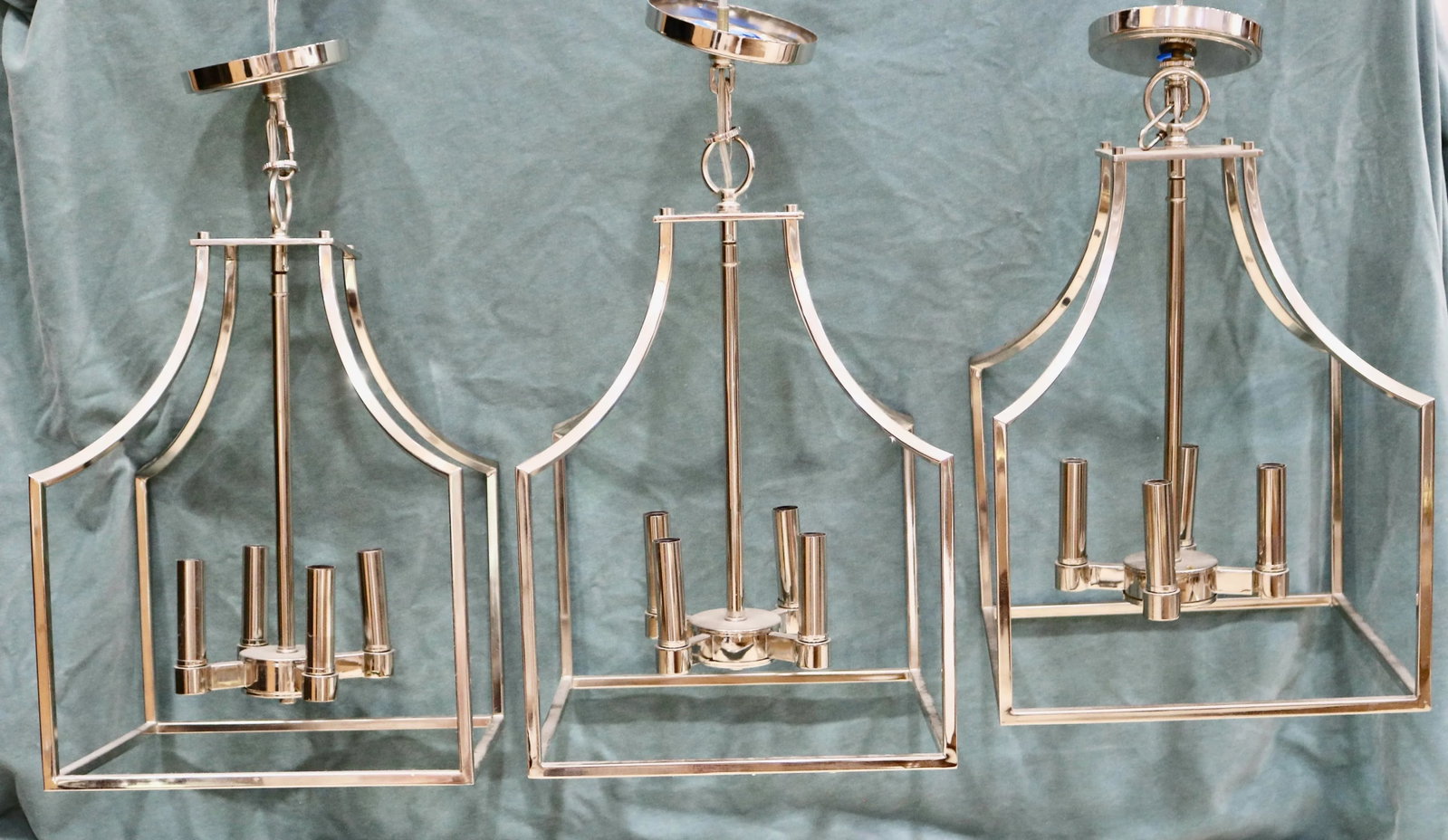 Vintage Stainless Steel 4 Light Lantern Chandeliers -Set of 3 - 2