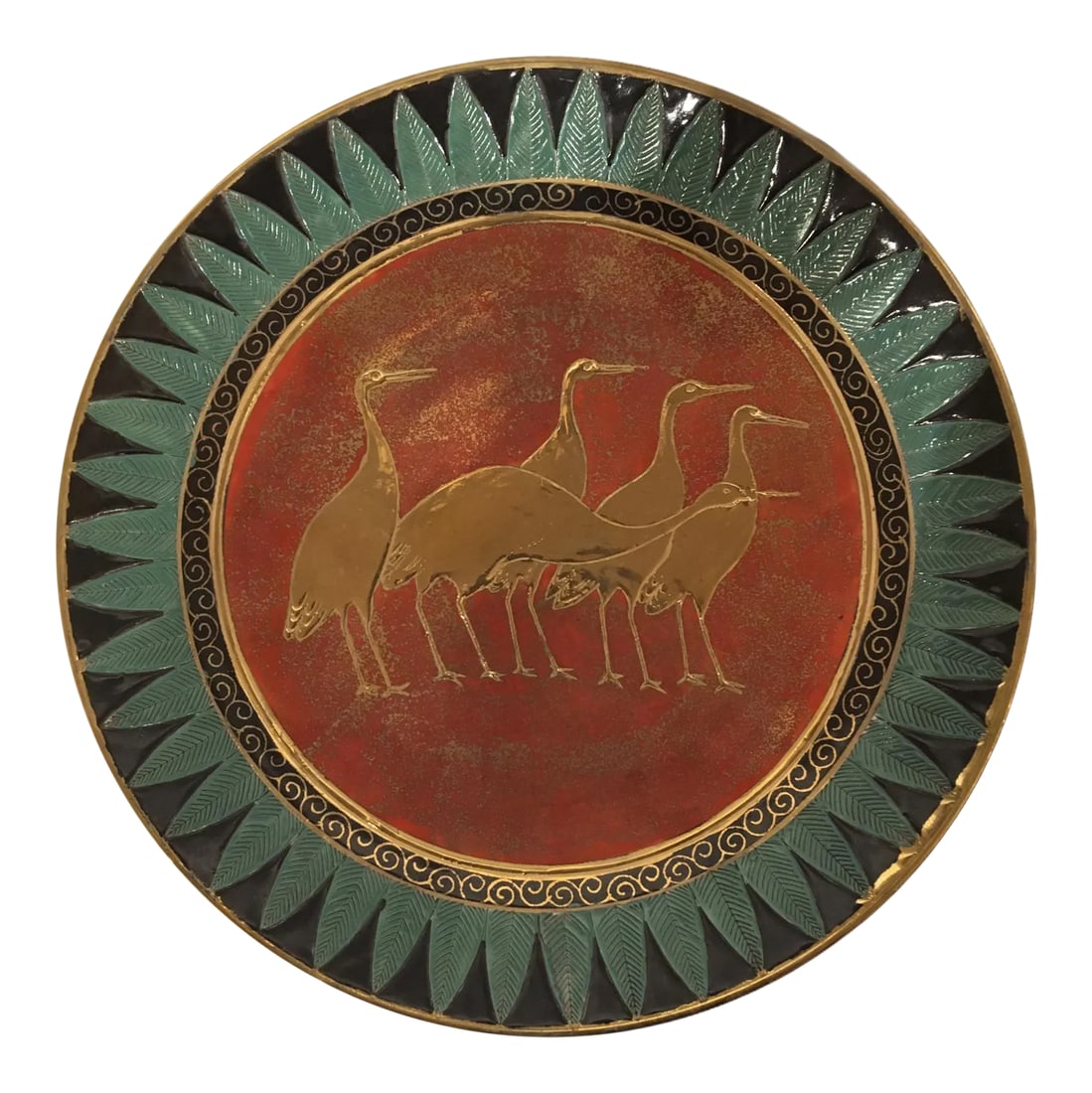 Vintage Egyptian Revival Ceramic Plate: Beautiful Egyptian revival decorative plate. Features a ceramic body with brass inlay and depicts a scene of a group storks in brass at the center with an ornamented border. Trade discounts ore on