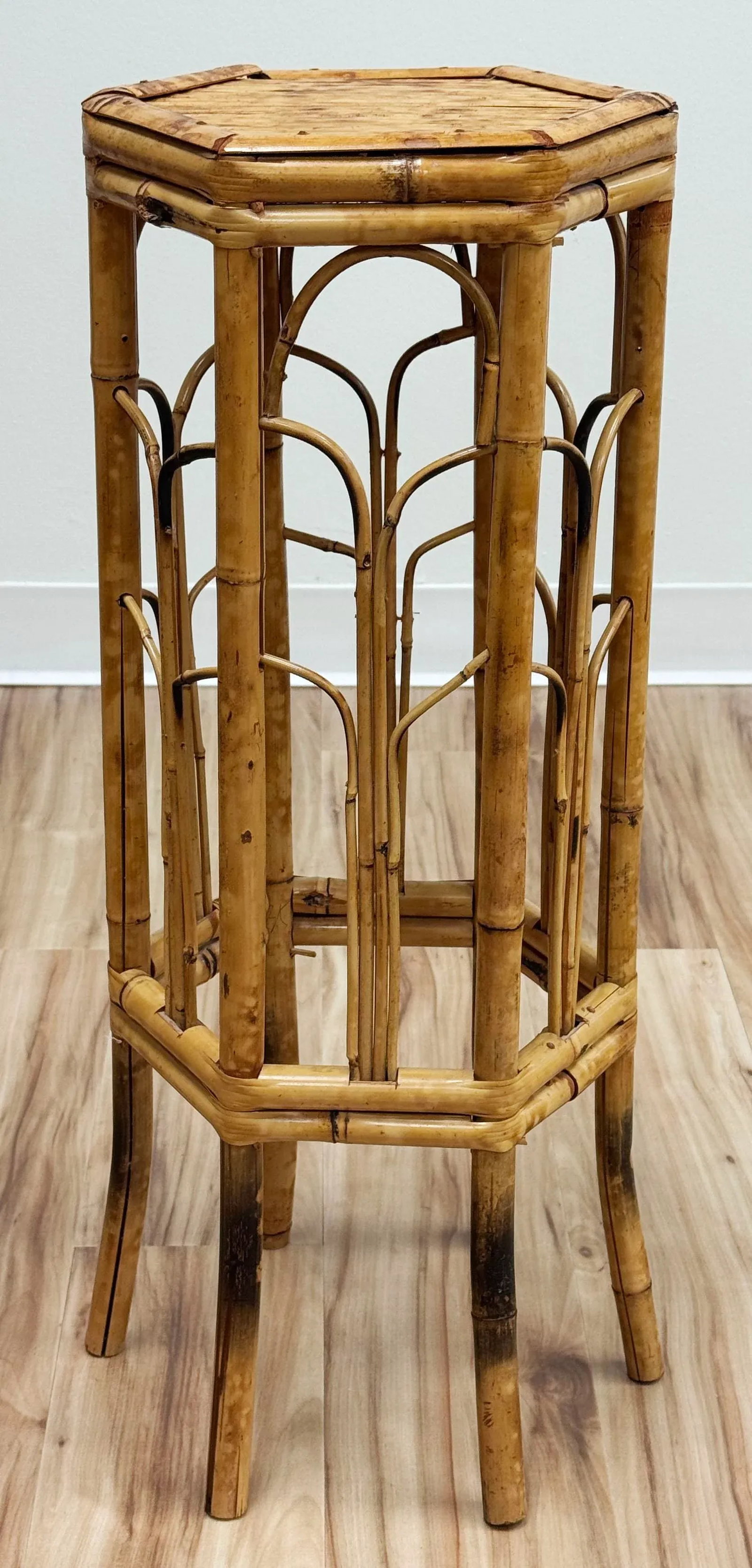 Vintage Tall Hexagonal Scorched Bamboo Plant Stand - 2