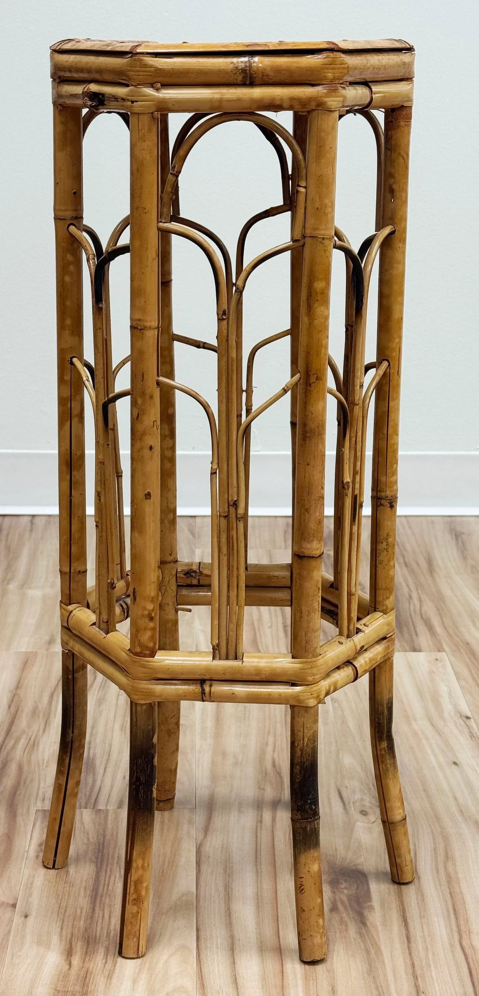Vintage Tall Hexagonal Scorched Bamboo Plant Stand - 3
