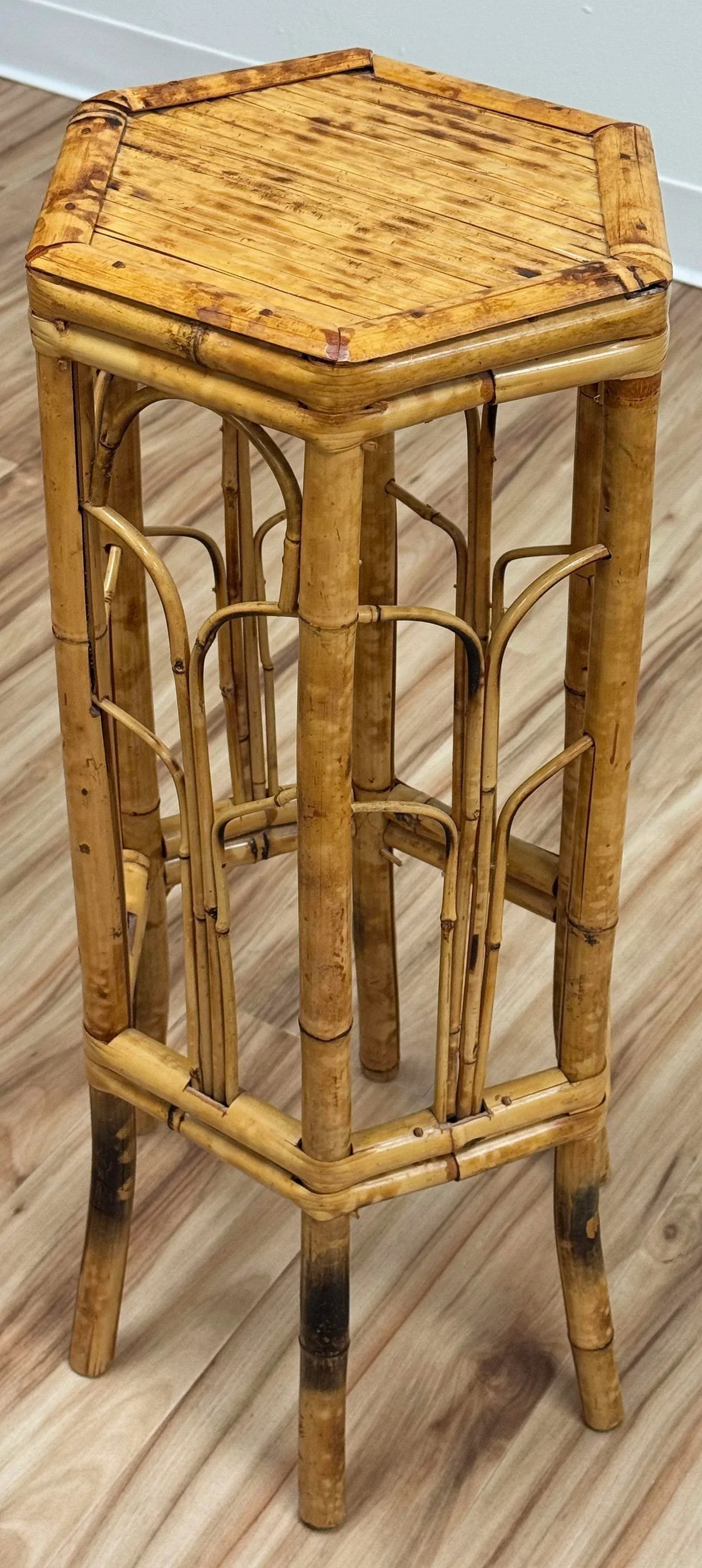 Vintage Tall Hexagonal Scorched Bamboo Plant Stand - 4