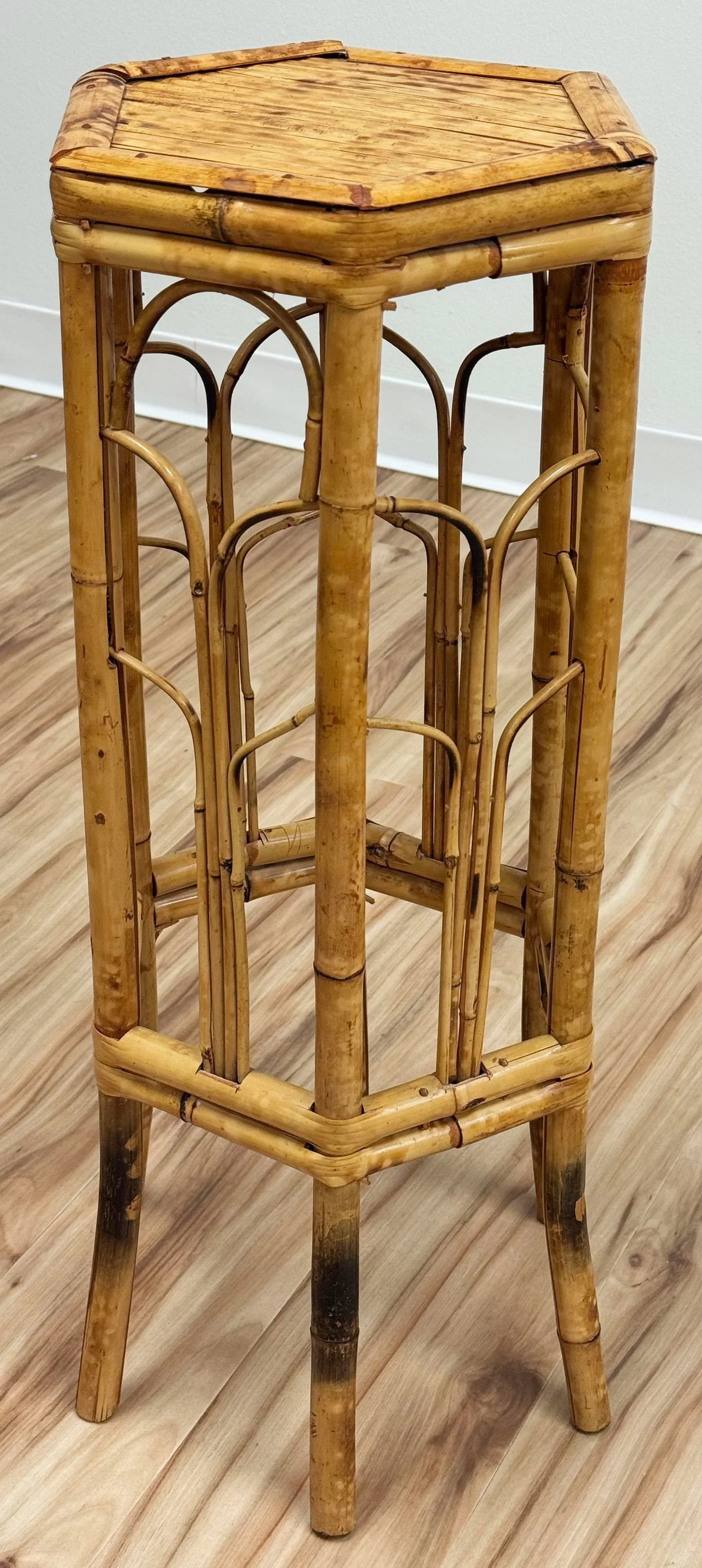 Vintage Tall Hexagonal Scorched Bamboo Plant Stand - 5
