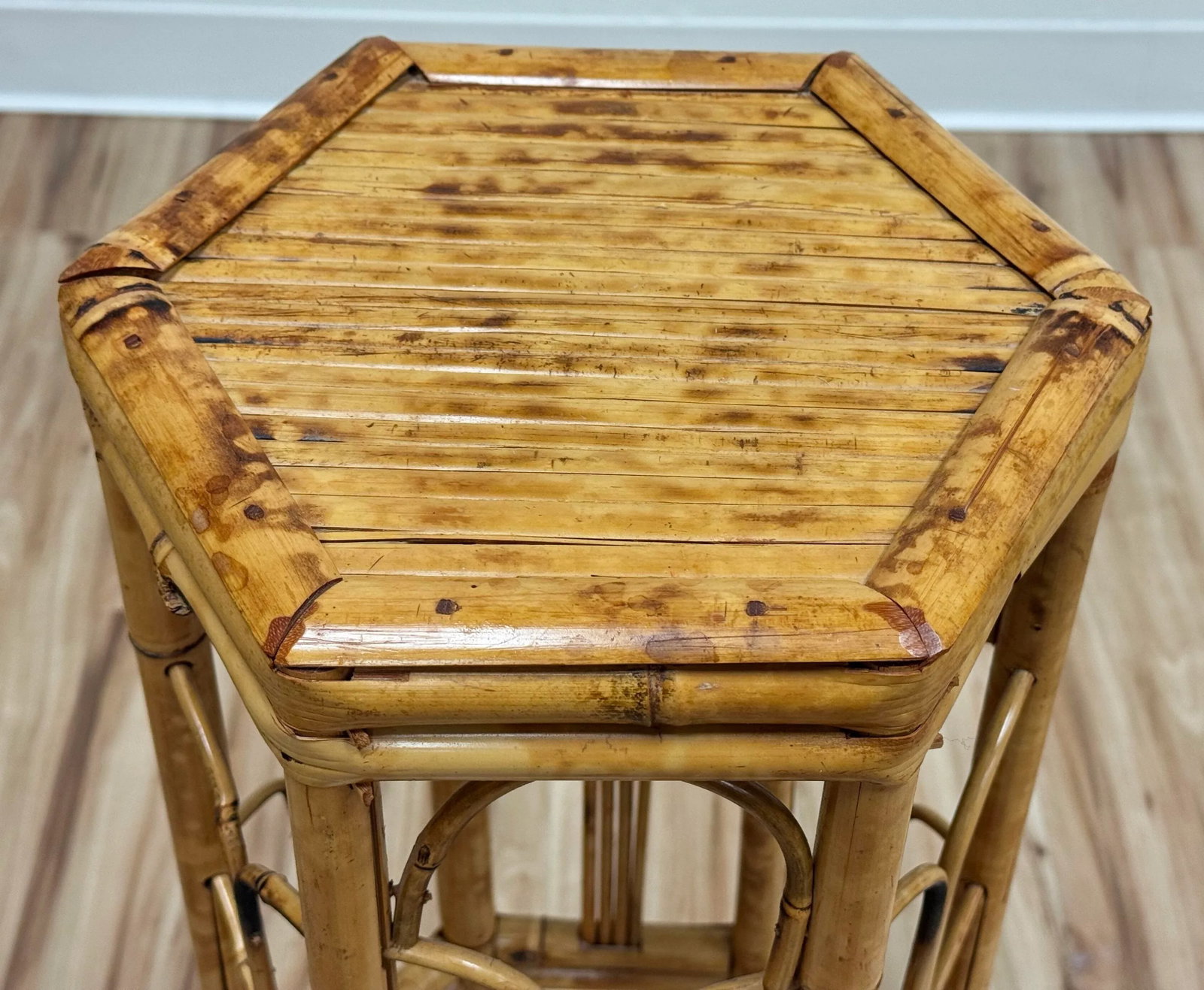 Vintage Tall Hexagonal Scorched Bamboo Plant Stand - 6