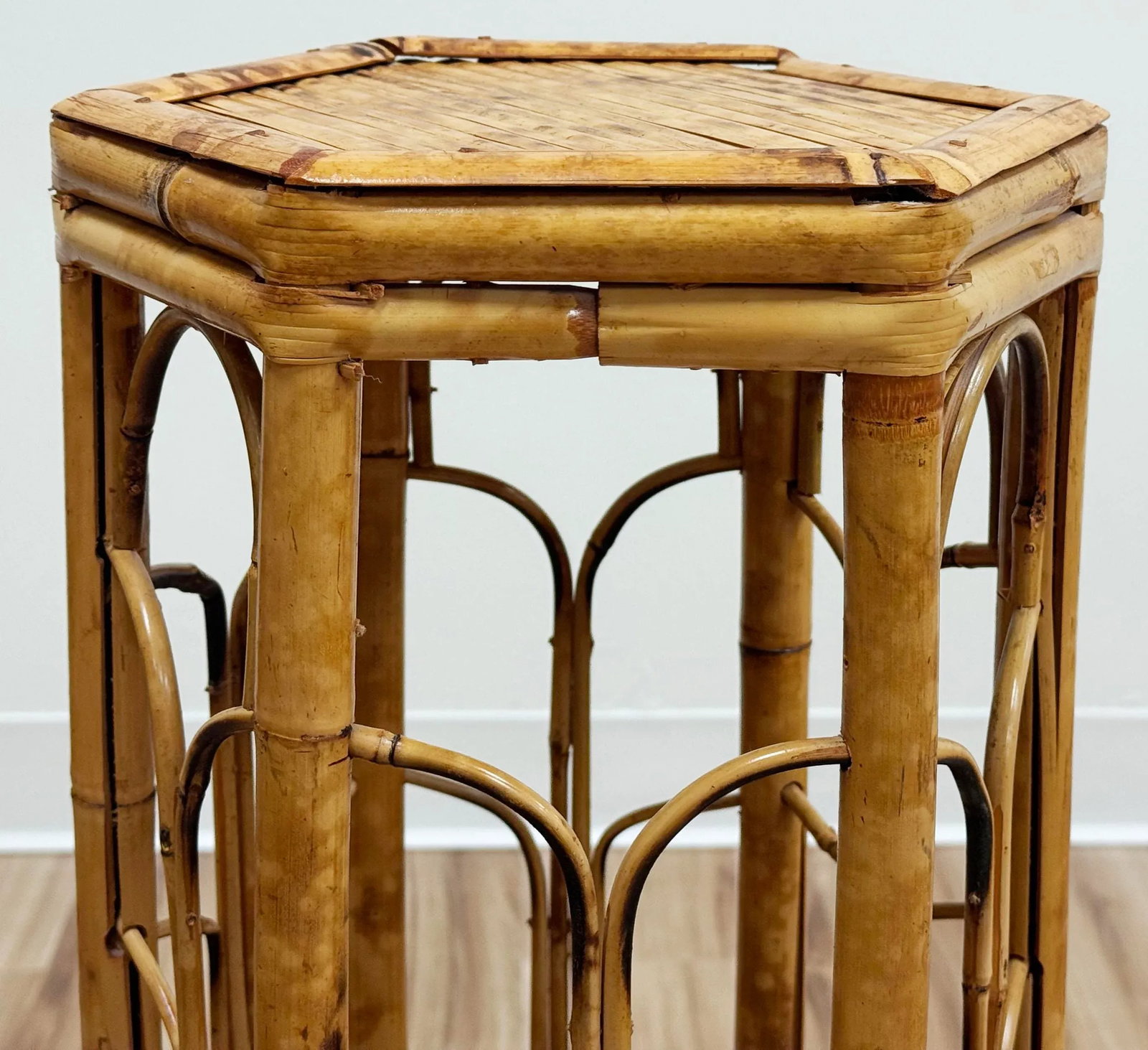 Vintage Tall Hexagonal Scorched Bamboo Plant Stand - 7