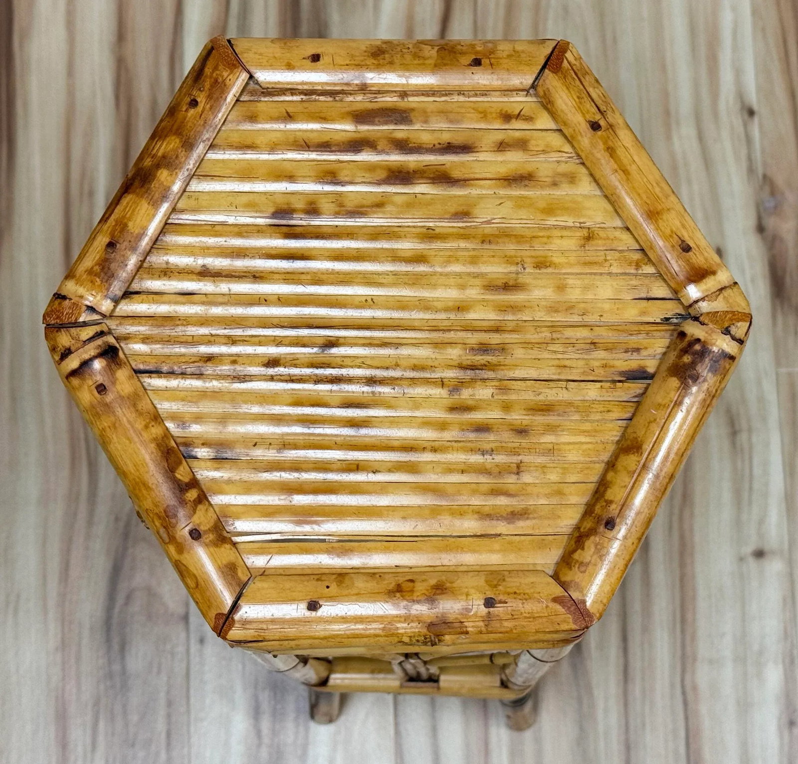 Vintage Tall Hexagonal Scorched Bamboo Plant Stand - 8