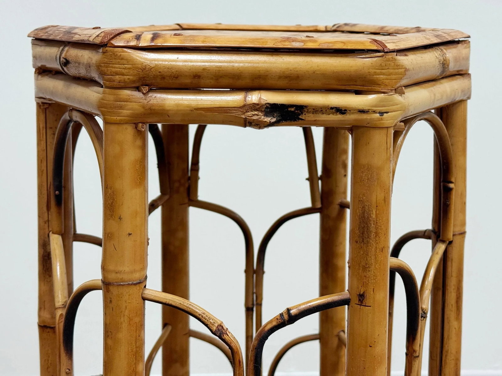 Vintage Tall Hexagonal Scorched Bamboo Plant Stand - 9