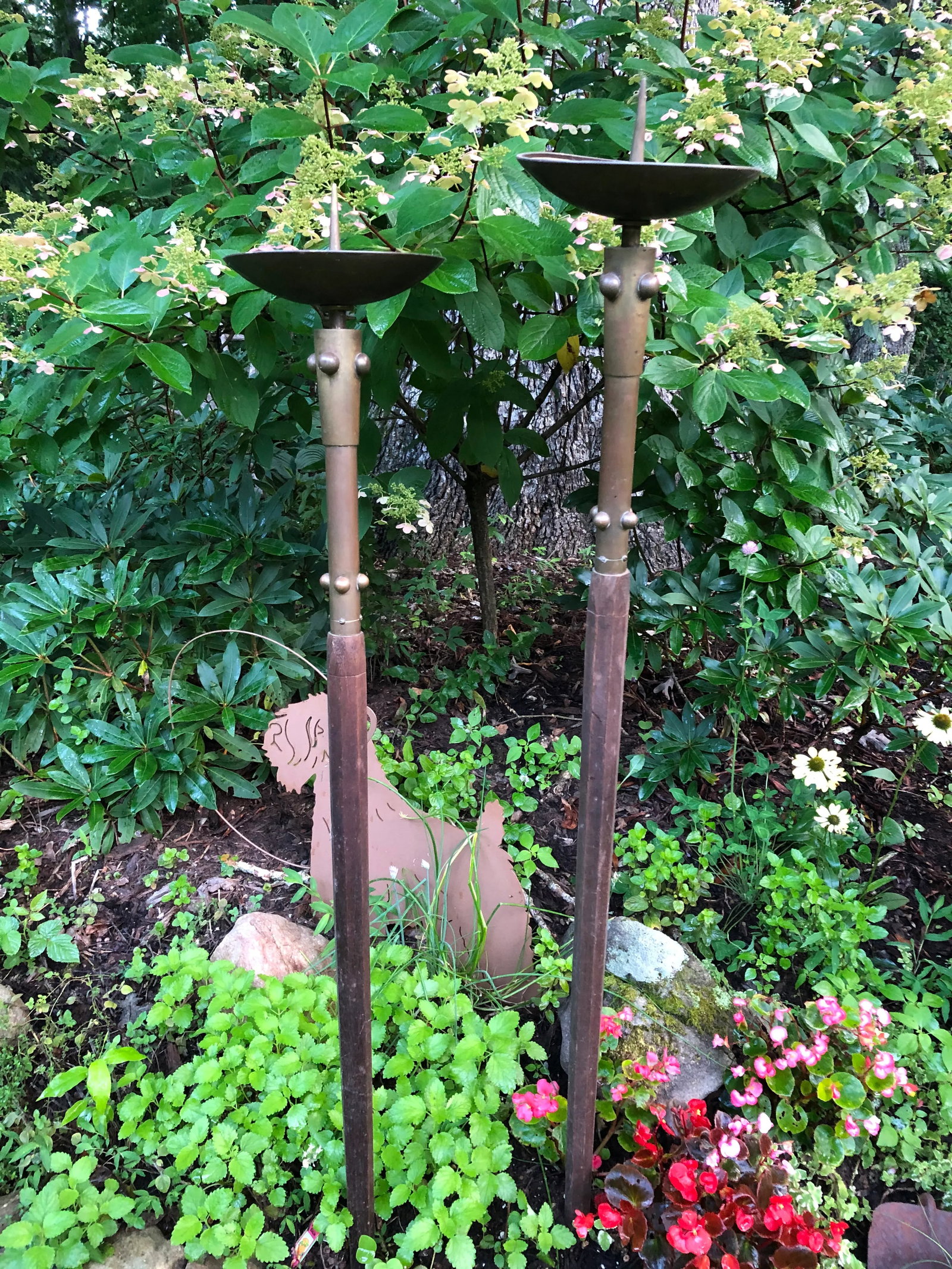 Antique Gothic Solid Brass and Chamfered Wood Torchieres - a Pair - 2