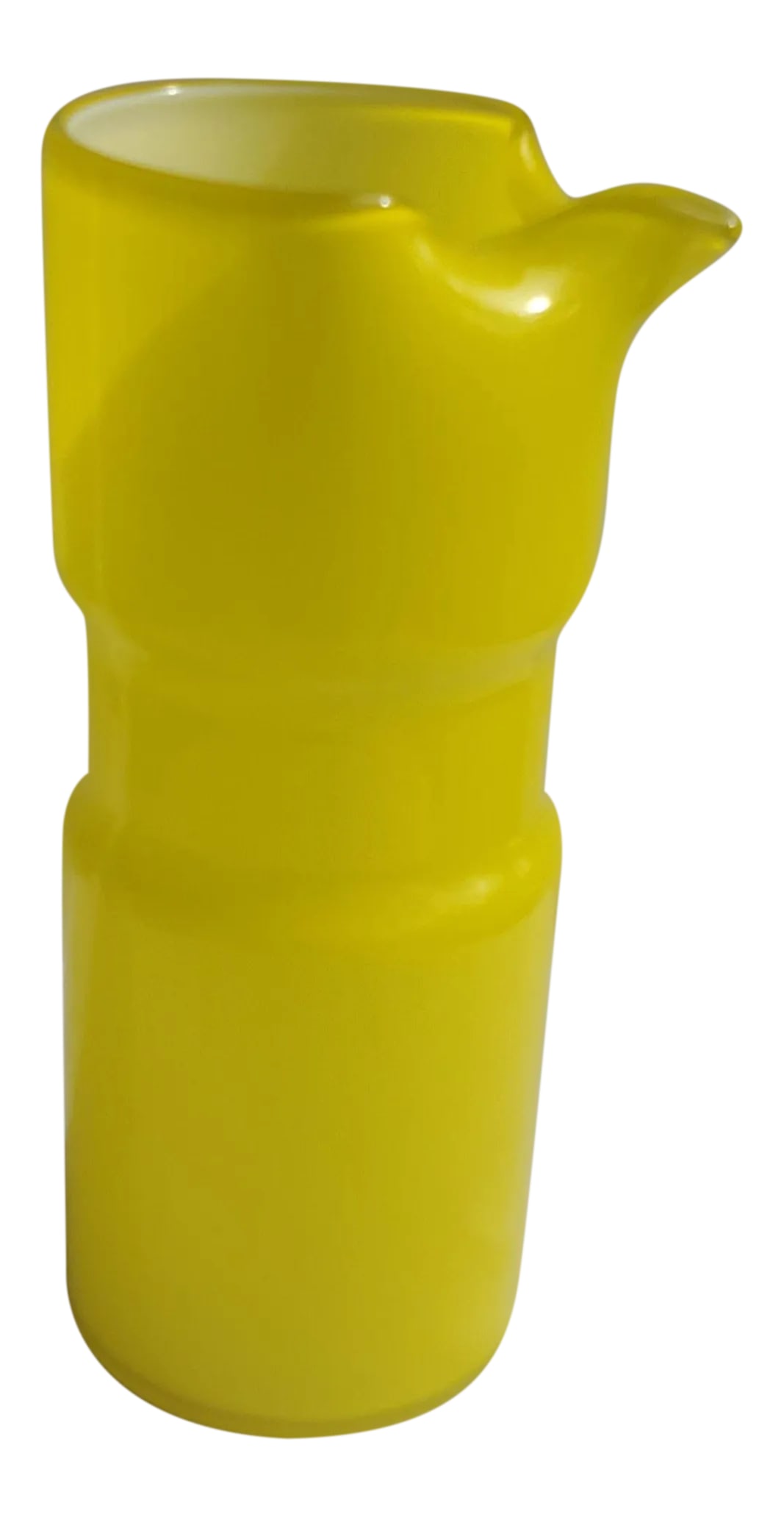 Mid Century Italian Yellow Cased Glass Pitcher: Color: Yellow Pattern: Cased Glass Origin: Italy Production Date: Mid Century Shape: Pitcher or Vase Condition: Alterations: Original Condition Unaltered Imperfections: Some Imperfections Condition