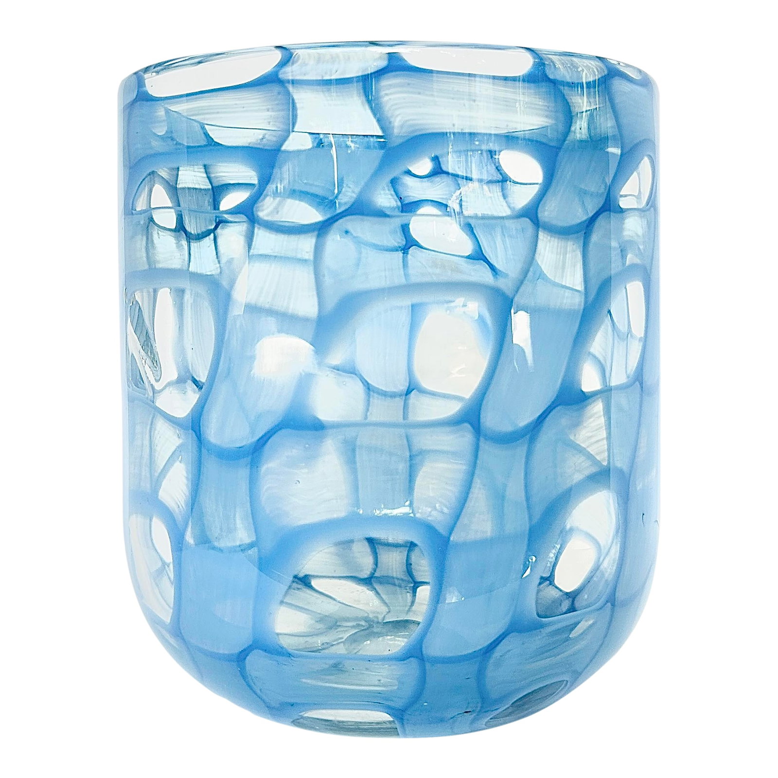 Mid 20th Century Large Blown Art Glass Vase With Iridescent Blue Pattern: A captivating piece of contemporary blown glass, this vase features a mesmerizing web of translucent blue that ripples across its surface like light filtering through water. The soft cylindrical form