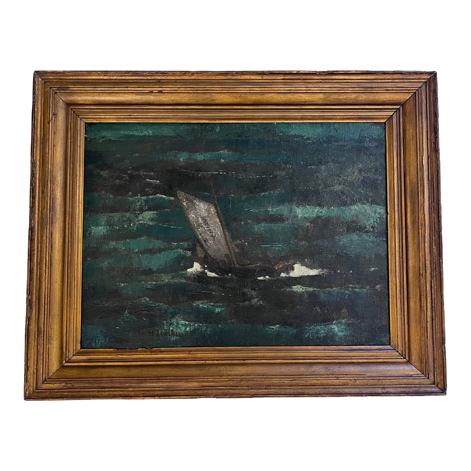 Sailboat Painting With Gold Frame: A marine painting by the Danish artist Ernst Zeuthen (1880-1938). The painting, created with oil on canvas, depicts a sailboat on a dark green sea Condition: Alterations: Unknown Imperfections: Needs 